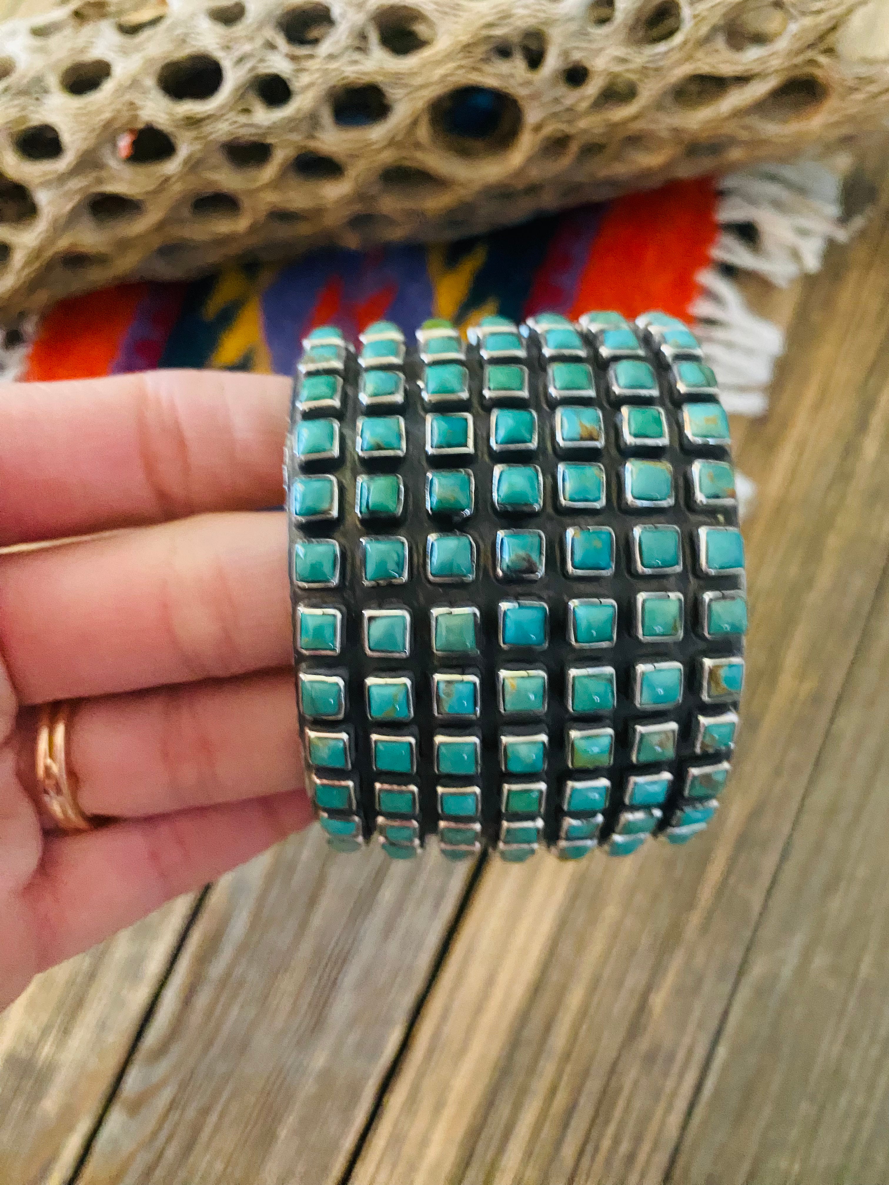 Navajo Kingman Turquoise And Sterling Silver Cluster Cuff Bracelet By Ernest Rangel