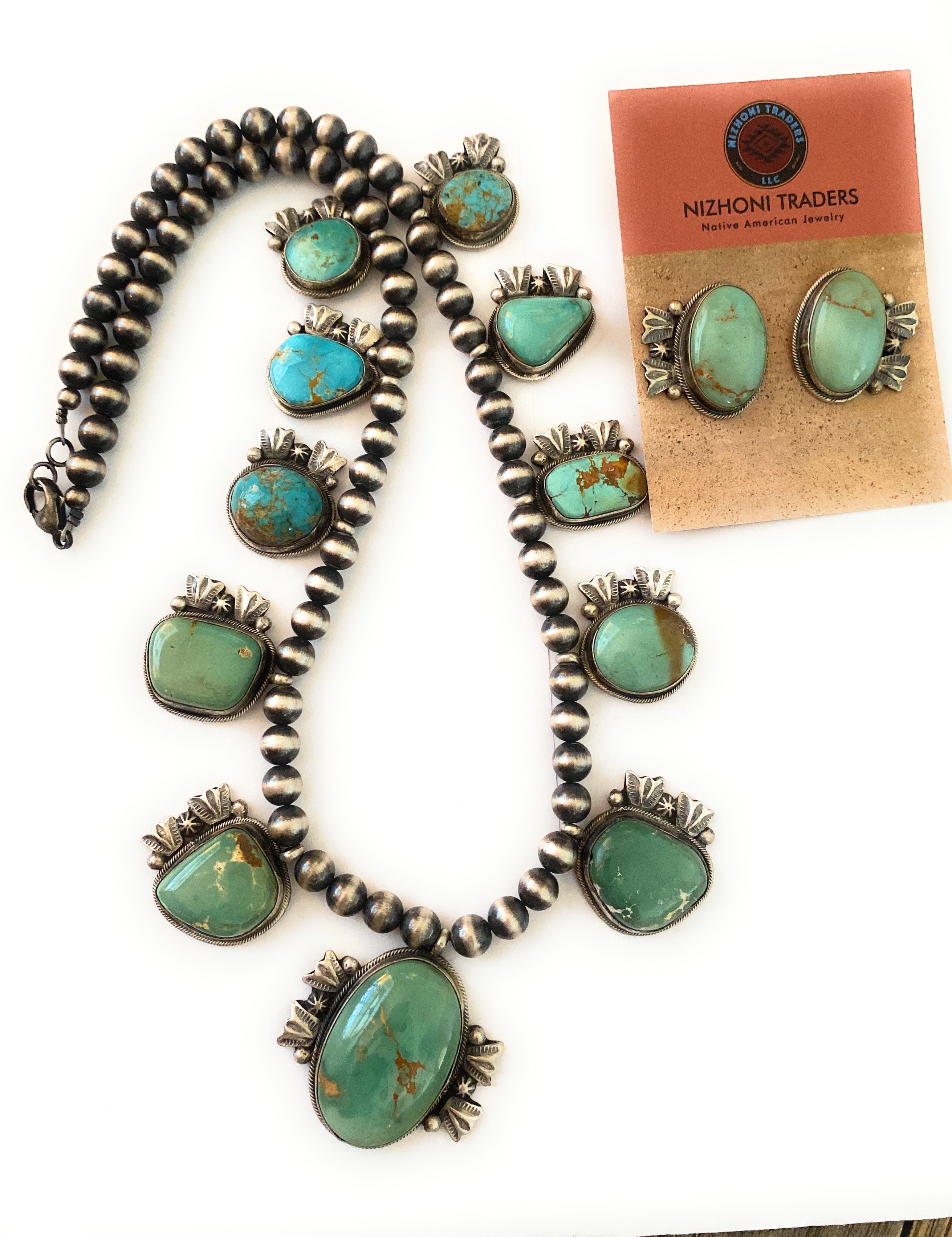 Navajo Sterling Silver & Royston Turquoise Beaded Necklace Set