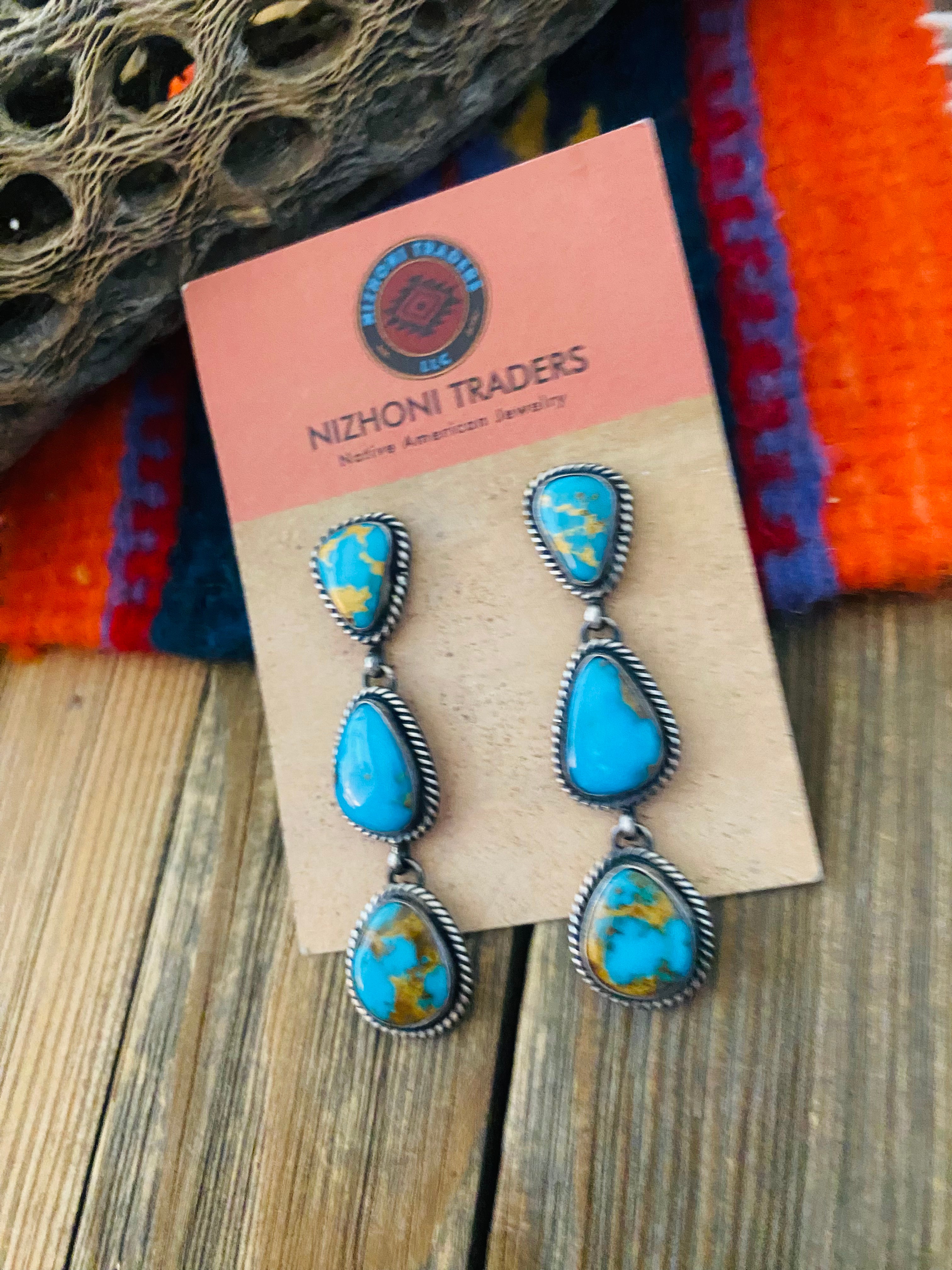 Navajo Sterling Silver & Kingman Turquoise Dangle Earrings