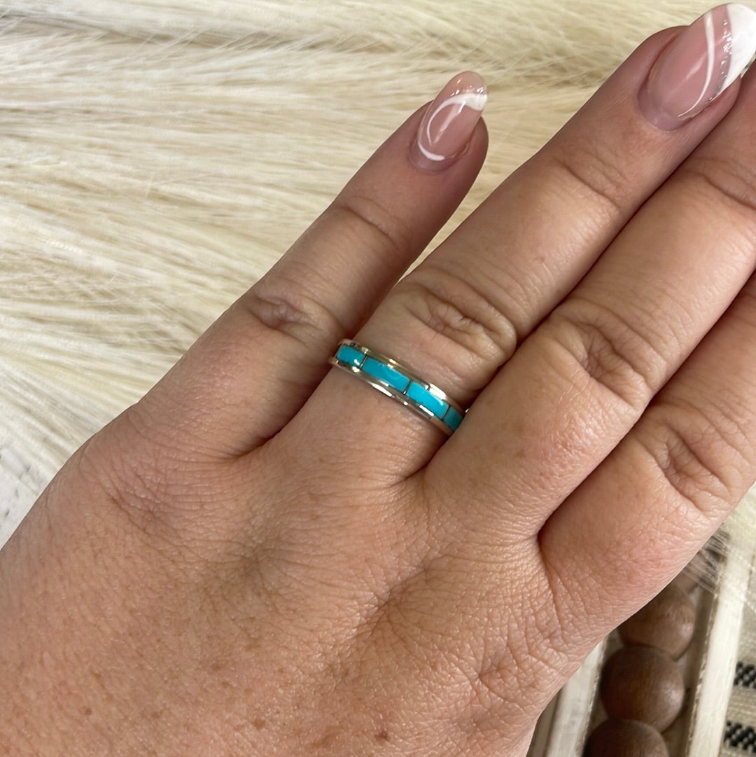 Zuni Sterling Silver & Turquoise 4 Stone Inlay Band Ring