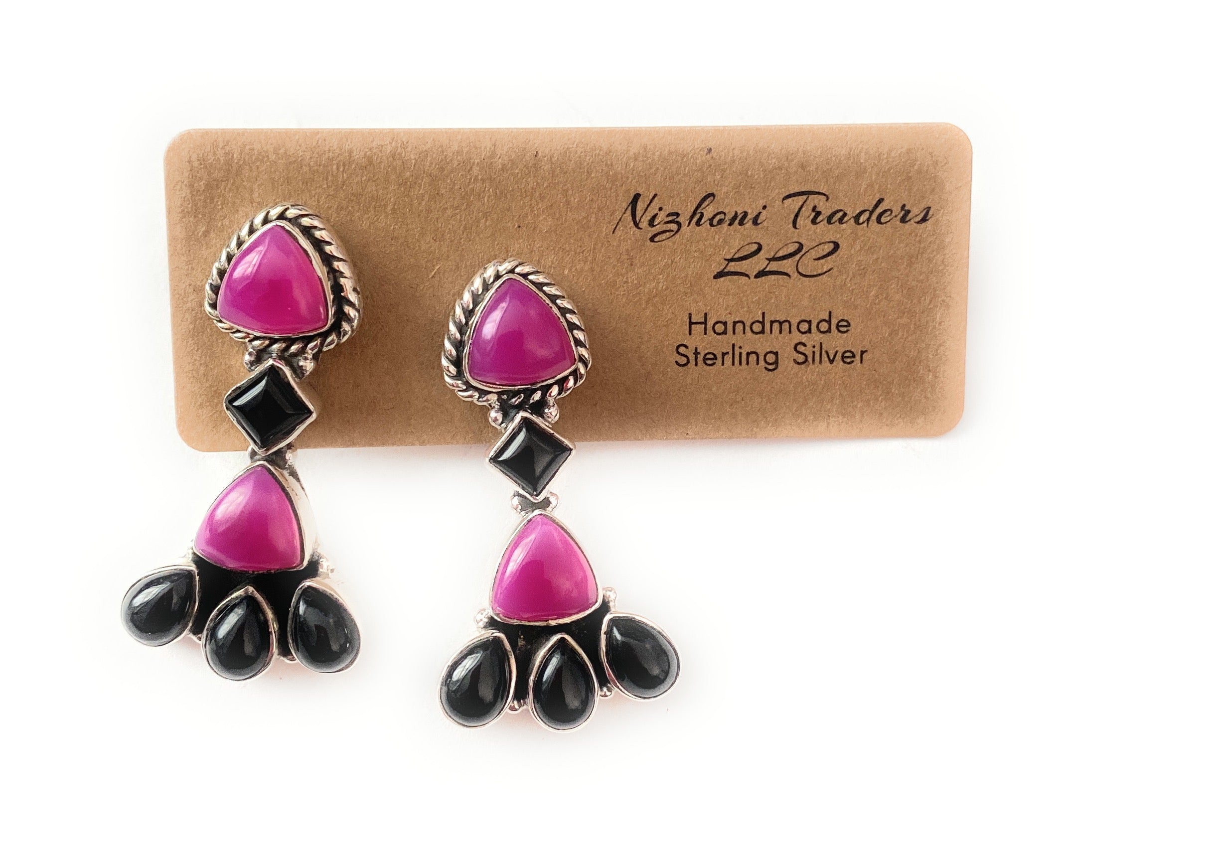 Handmade Pink & Black Onyx Sterling Silver Post Earrings Signed Nizhoni