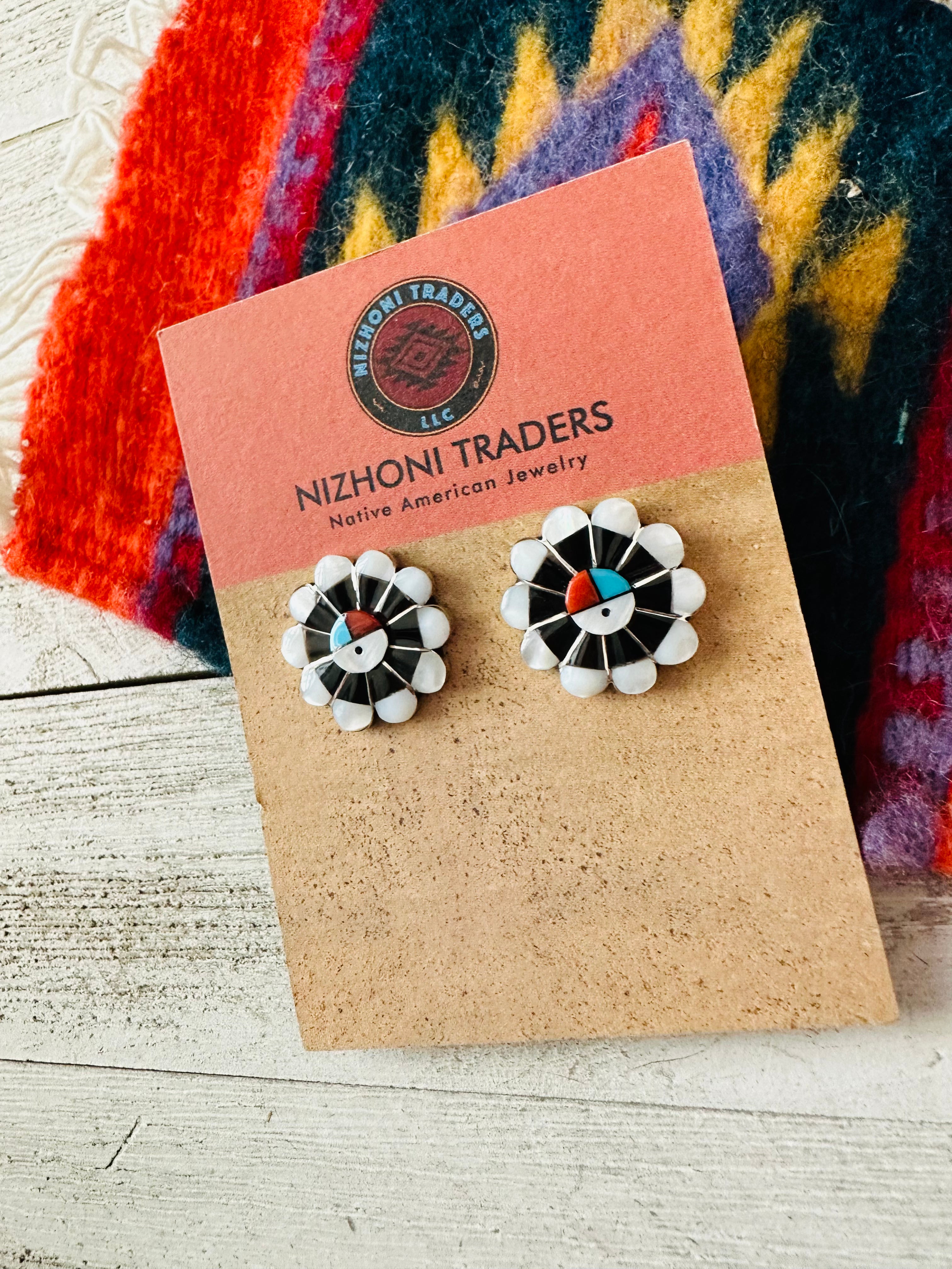 Zuni Sun Face Multi Stone & Sterling Silver Inlay Stud Earrings