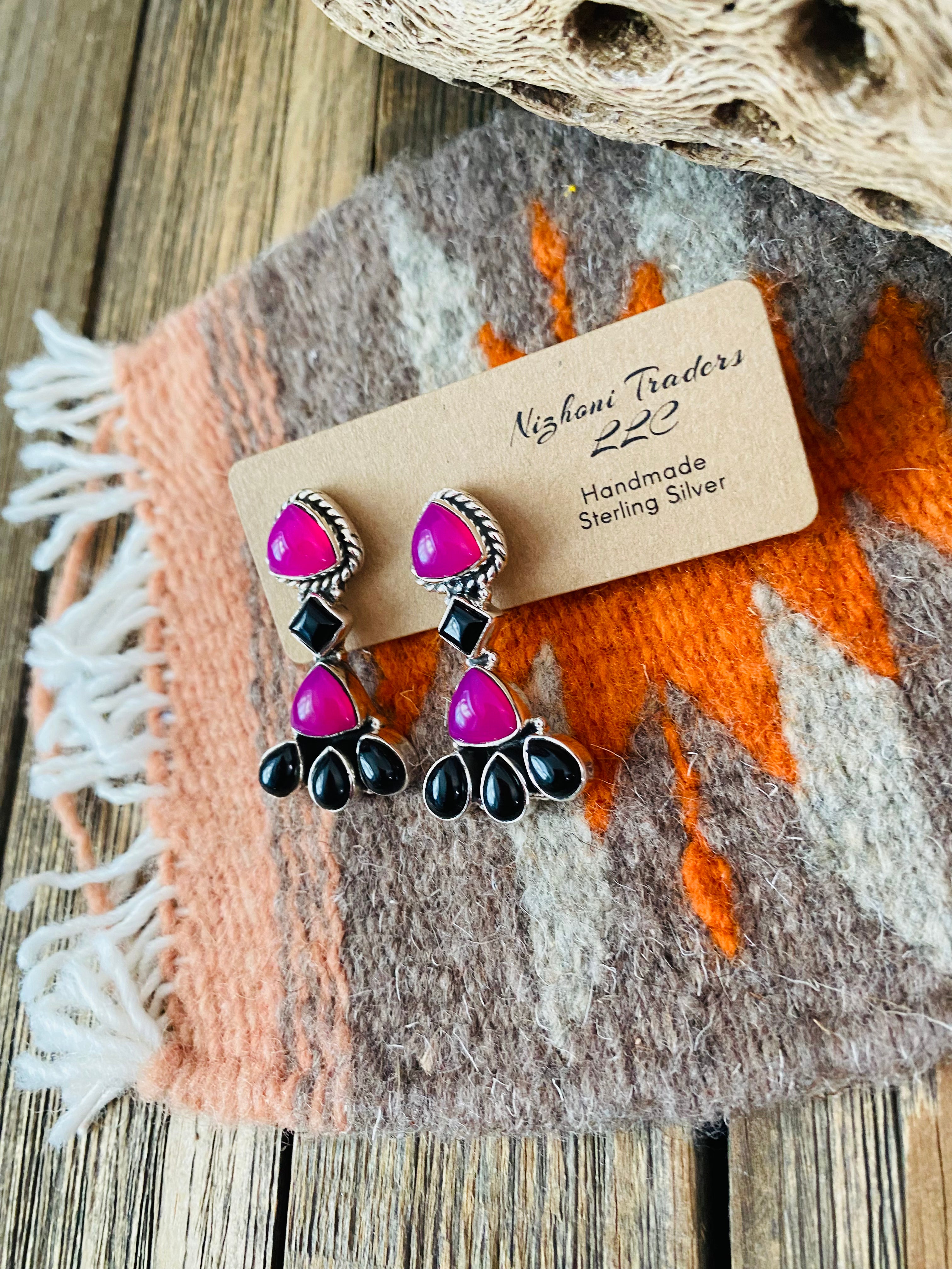 Handmade Pink & Black Onyx Sterling Silver Post Earrings Signed Nizhoni