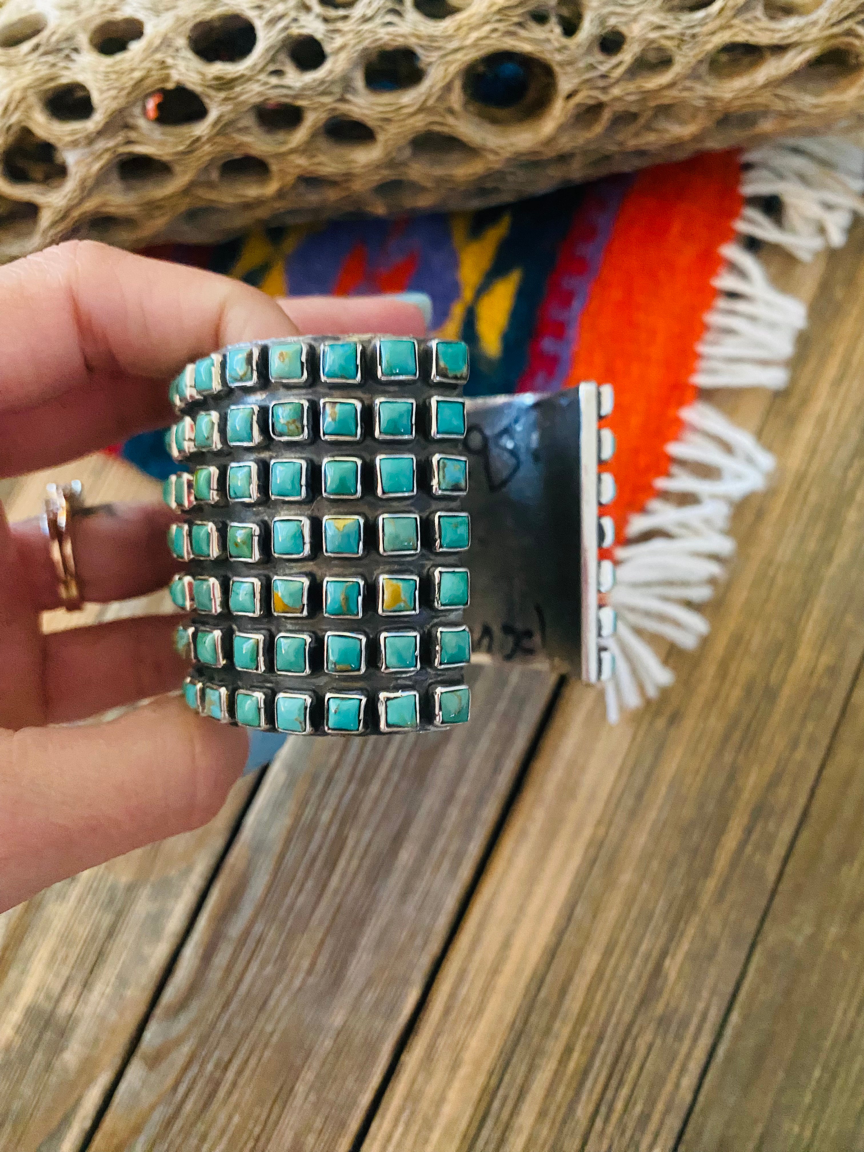 Navajo Kingman Turquoise And Sterling Silver Cluster Cuff Bracelet By Ernest Rangel