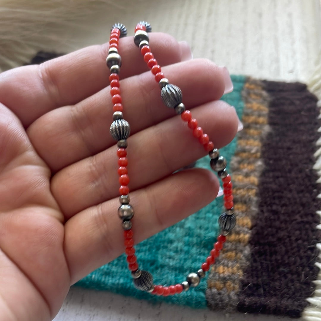 Handmade Beaded Coral & Sterling Silver Necklace