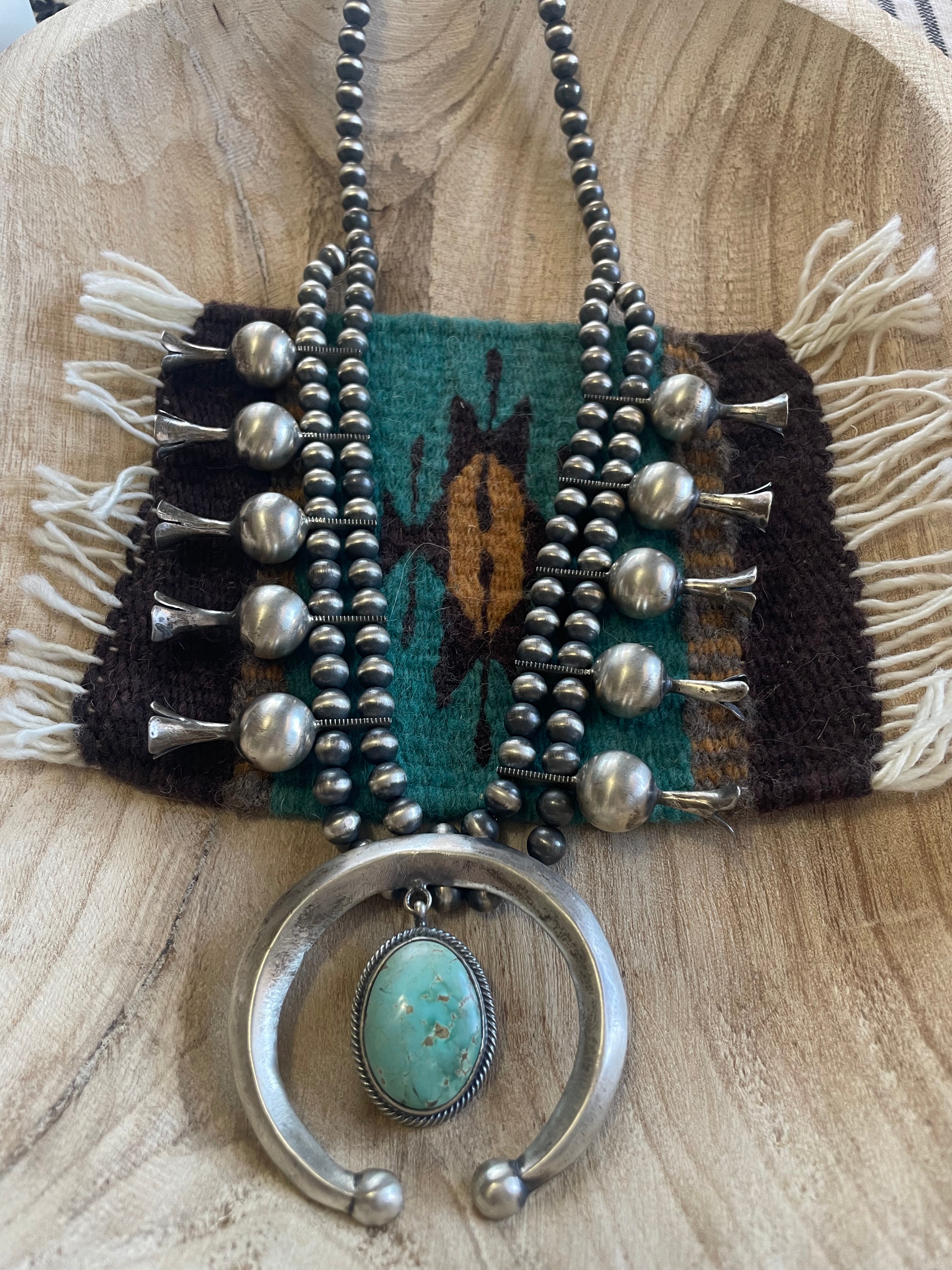 Navajo Turquoise & Sterling Silver Squash Blossom Necklace Signed Paul Livingston