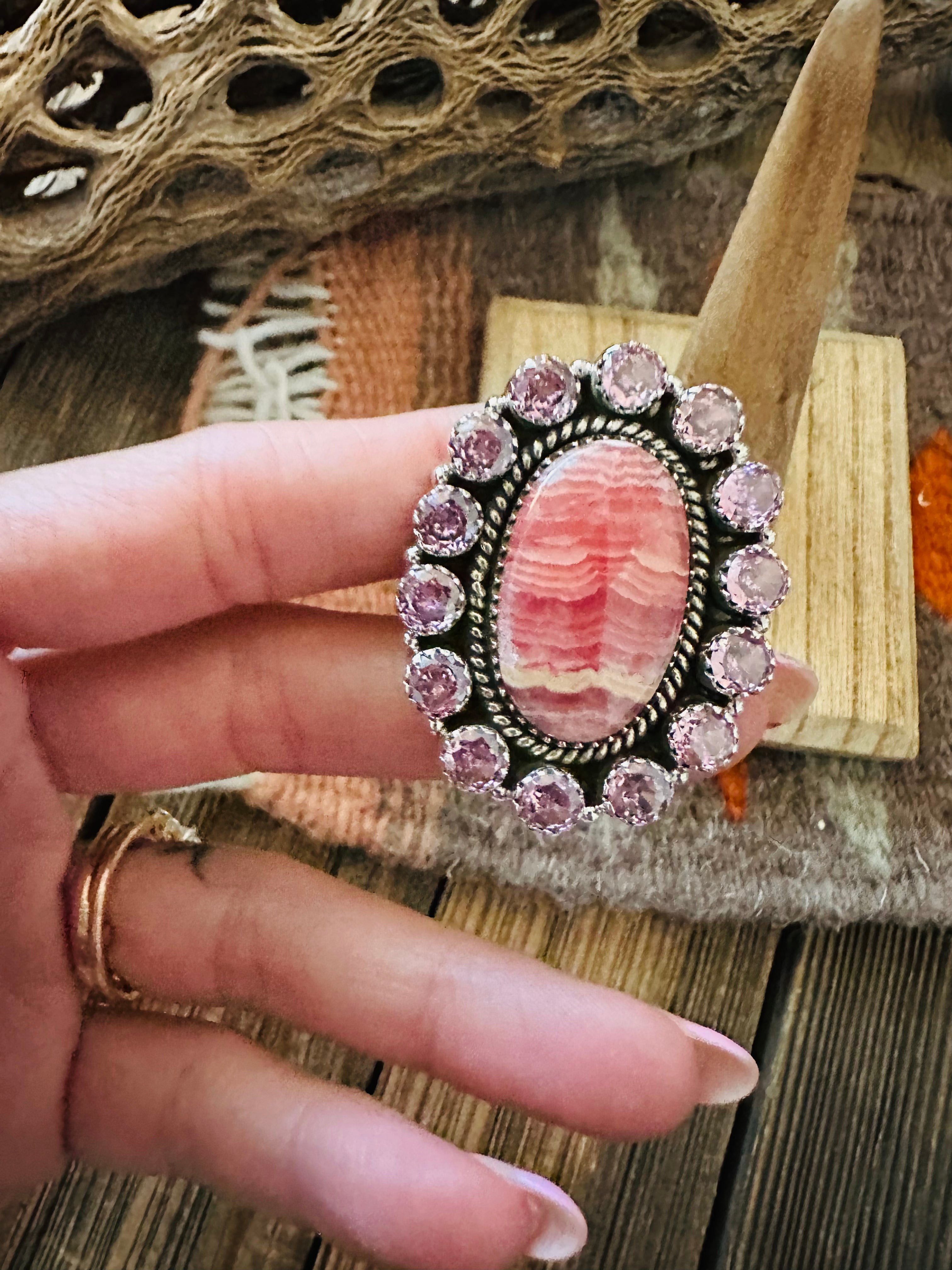 Handmade Sterling Silver, Rhodochrosite & Pink CZ Cluster Adjustable Ring