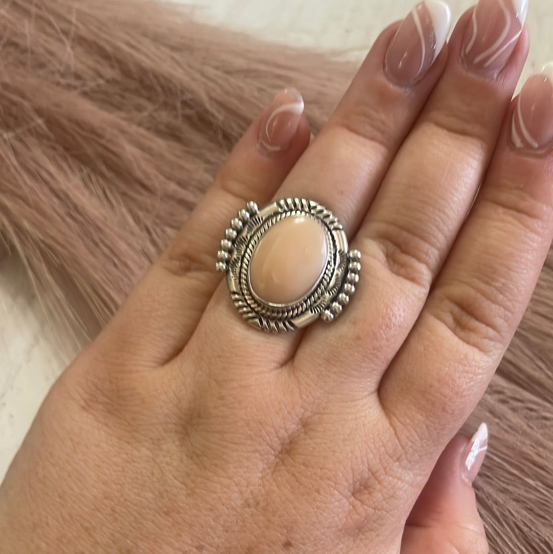 Gorgeous Navajo Pink Peruvian Opal And Sterling Silver Adjustable Ring