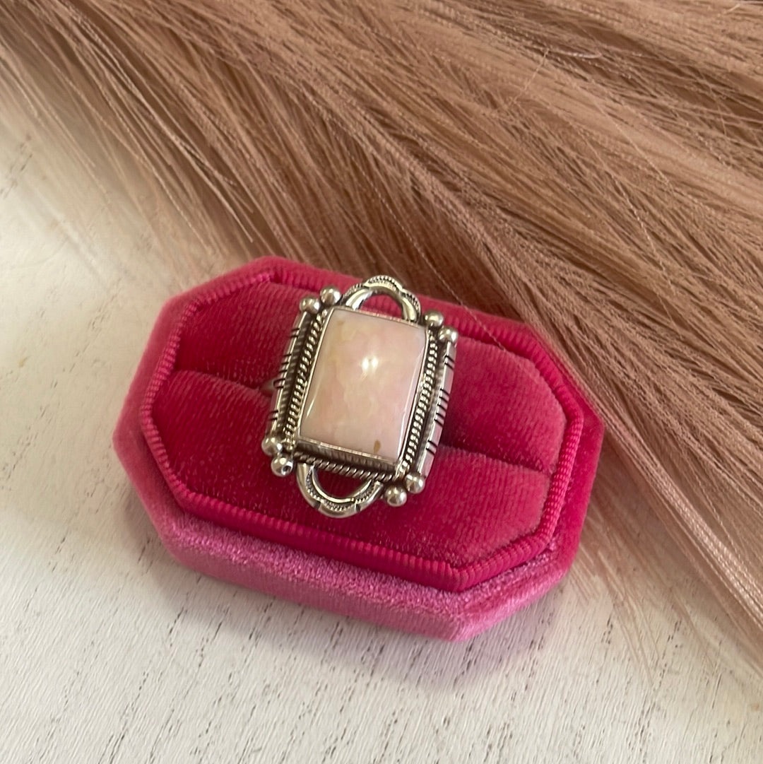 Gorgeous Navajo Pink Peruvian Opal And Sterling Silver Adjustable Ring