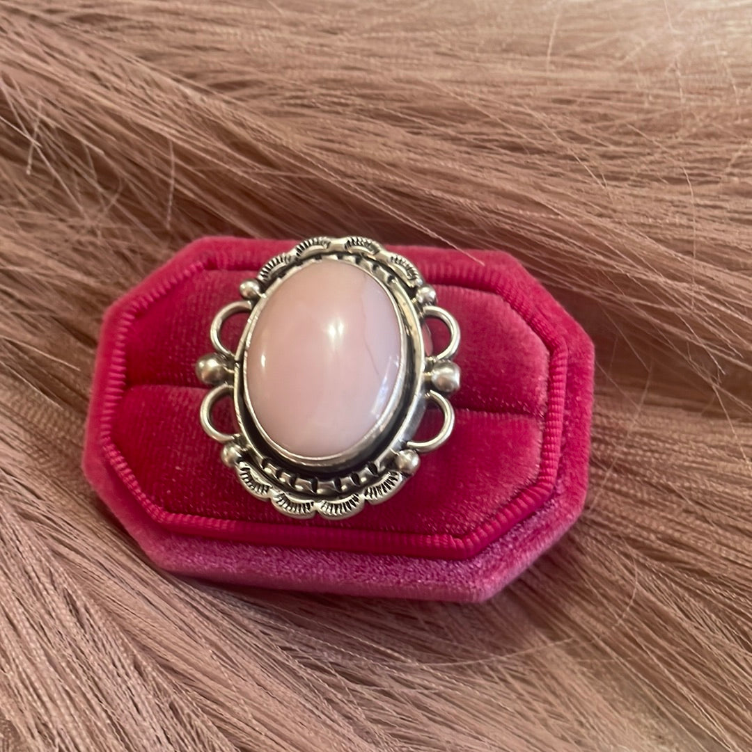 Gorgeous Navajo Pink Peruvian Opal And Sterling Silver Adjustable Ring