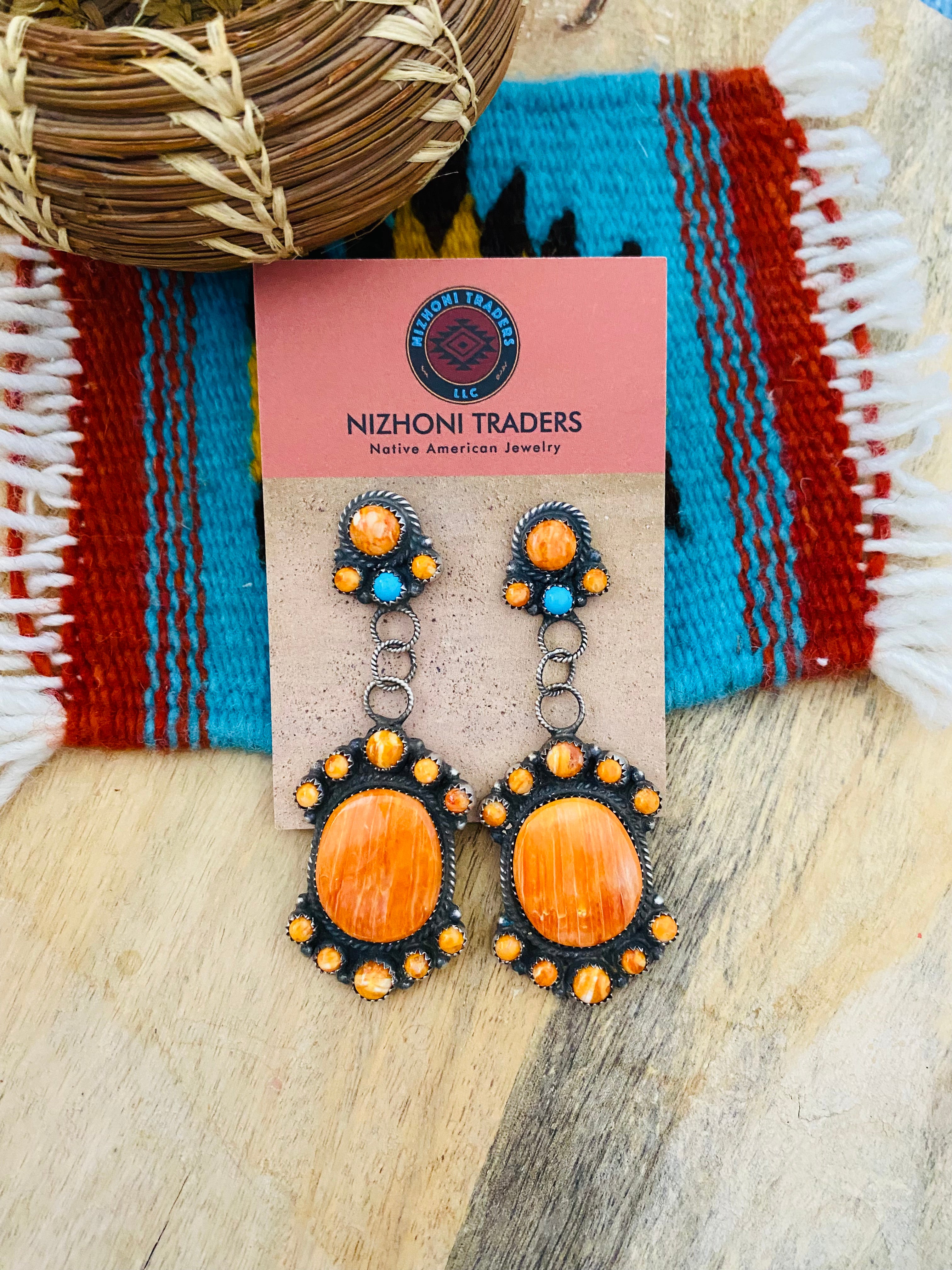 Navajo Sterling Silver, Orange Spiny & Turquoise Dangle Earrings