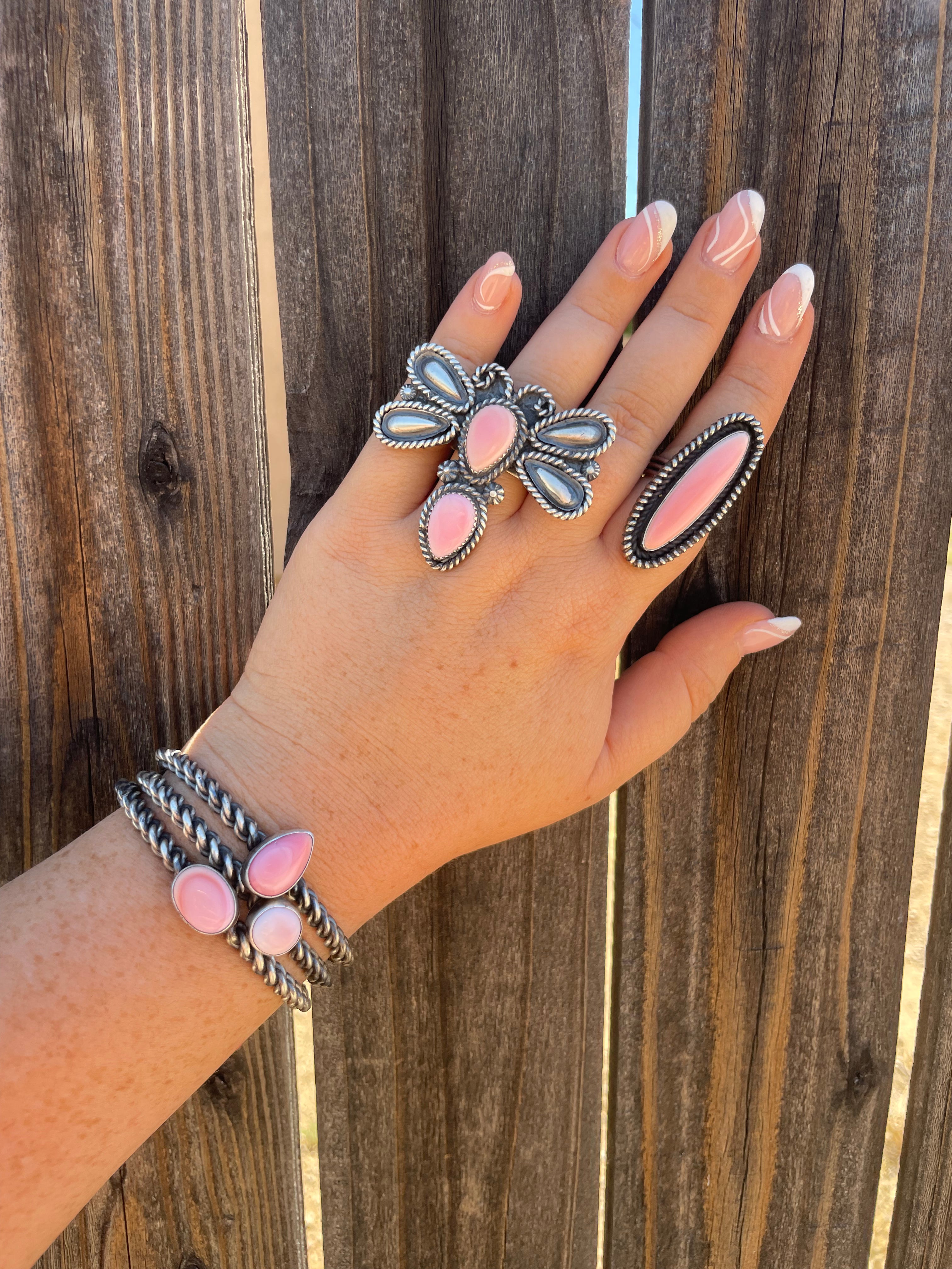 Navajo Oval Pink Conch & Sterling Silver Adjustable Cuff Bracelet