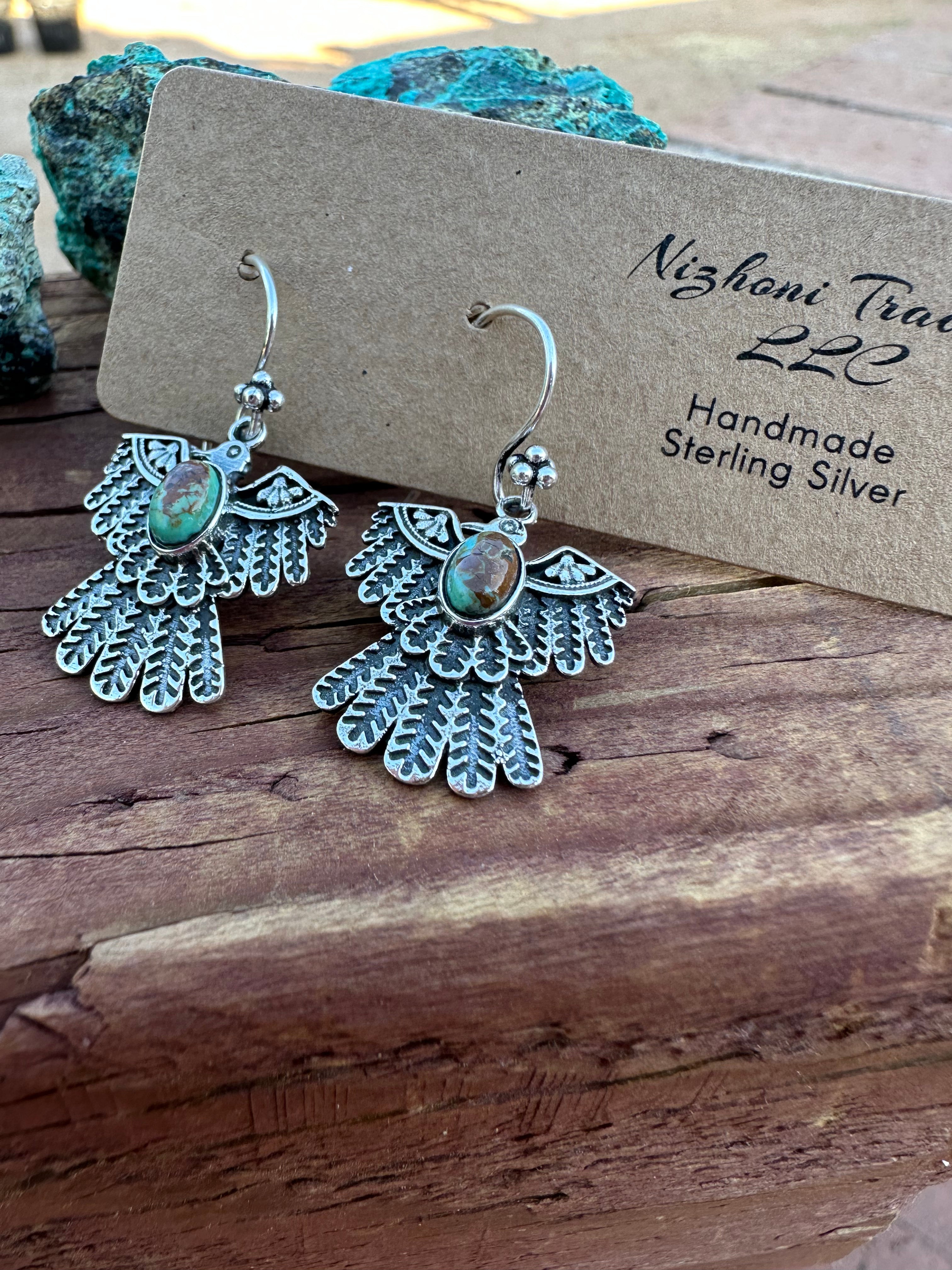 Handmade Royston Turquoise & Sterling Silver Thunderbird Dangle Earrings