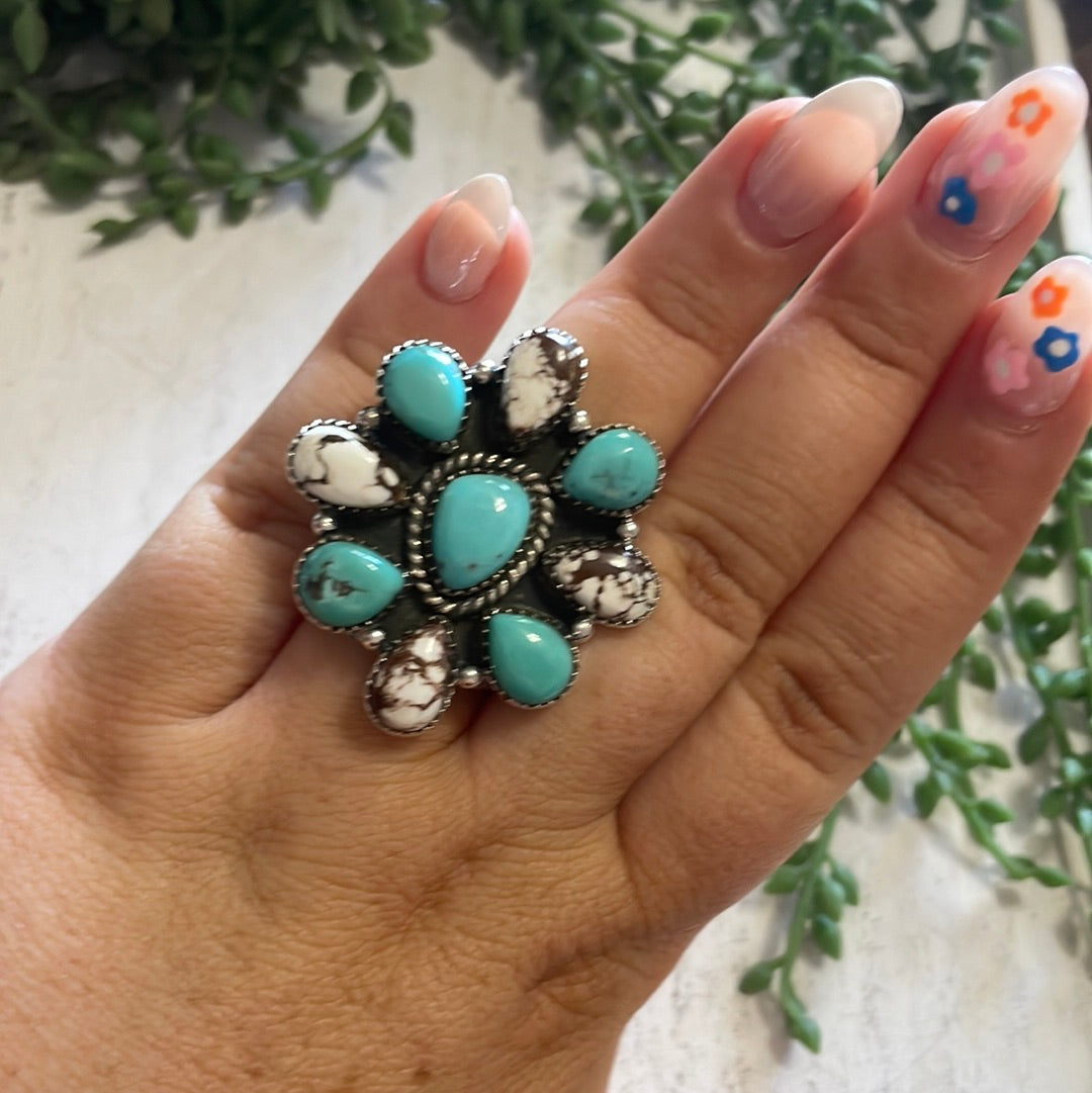 Nizhoni Handmade Wild Horse, Turquoise And Sterling Silver Adjustable Ring