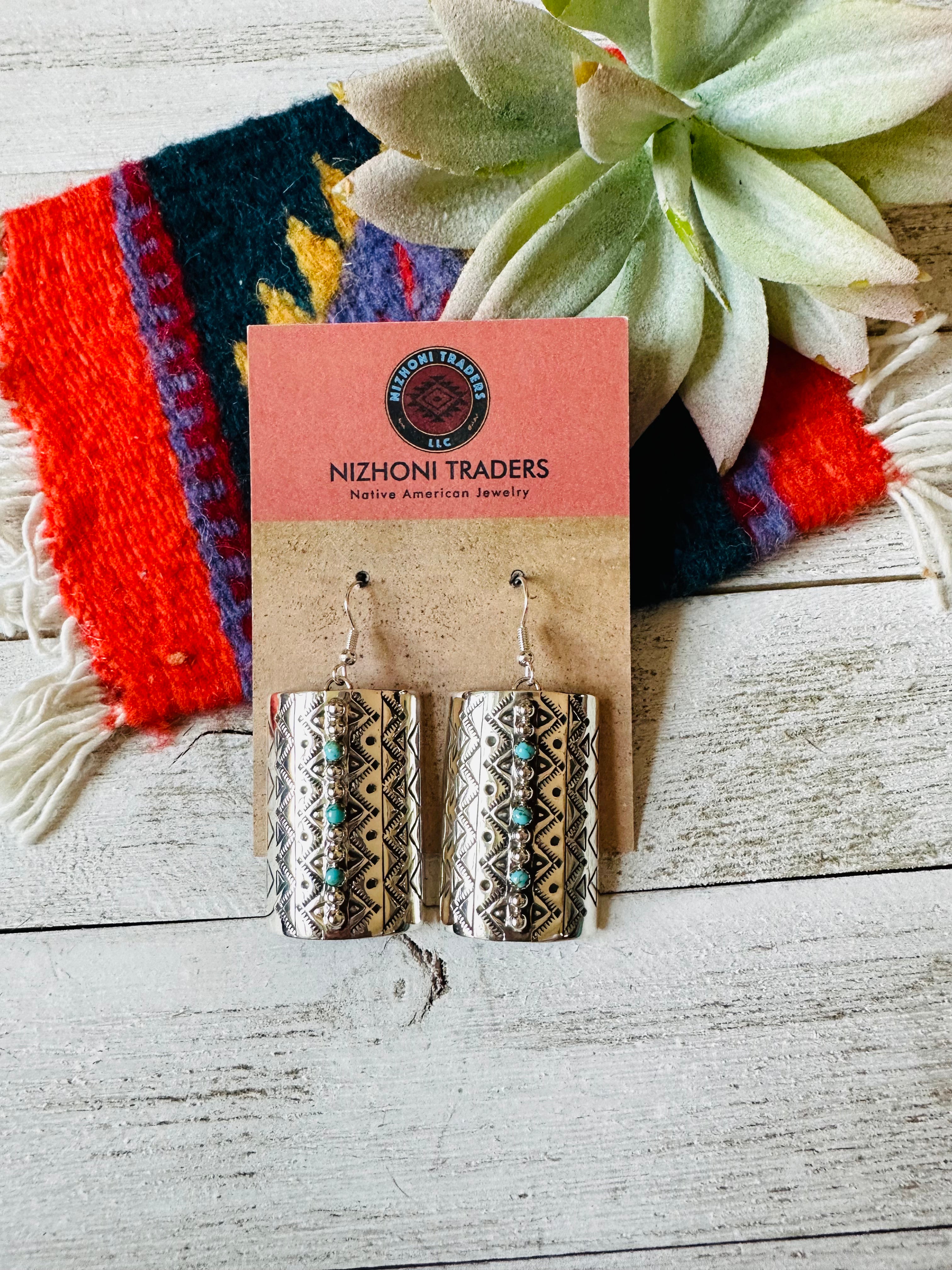 Navajo Hand Stamped Sterling Silver & Turquoise Dangle Earrings