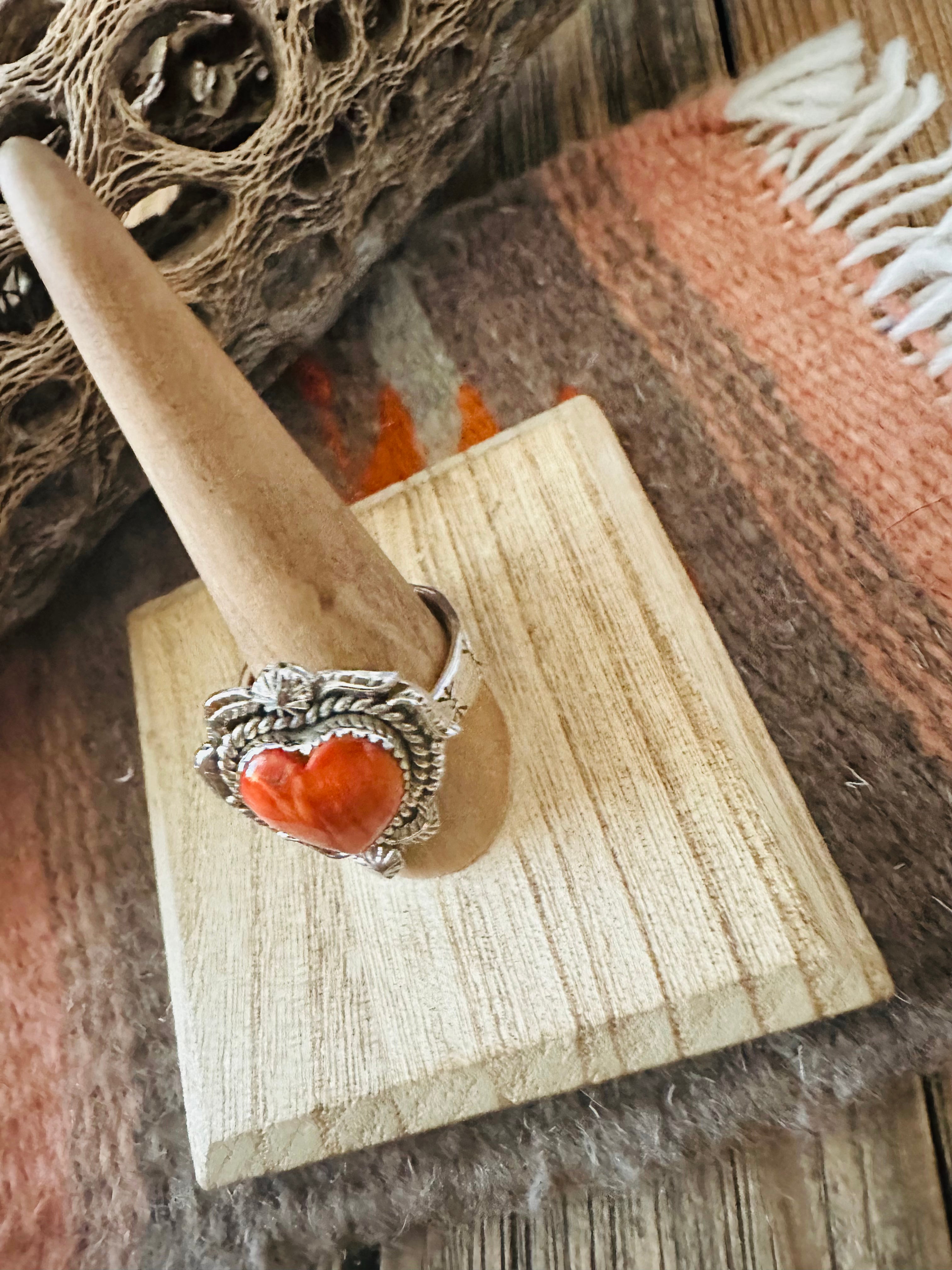 Handmade Sterling Silver & Orange Spiny Heart Adjustable Ring