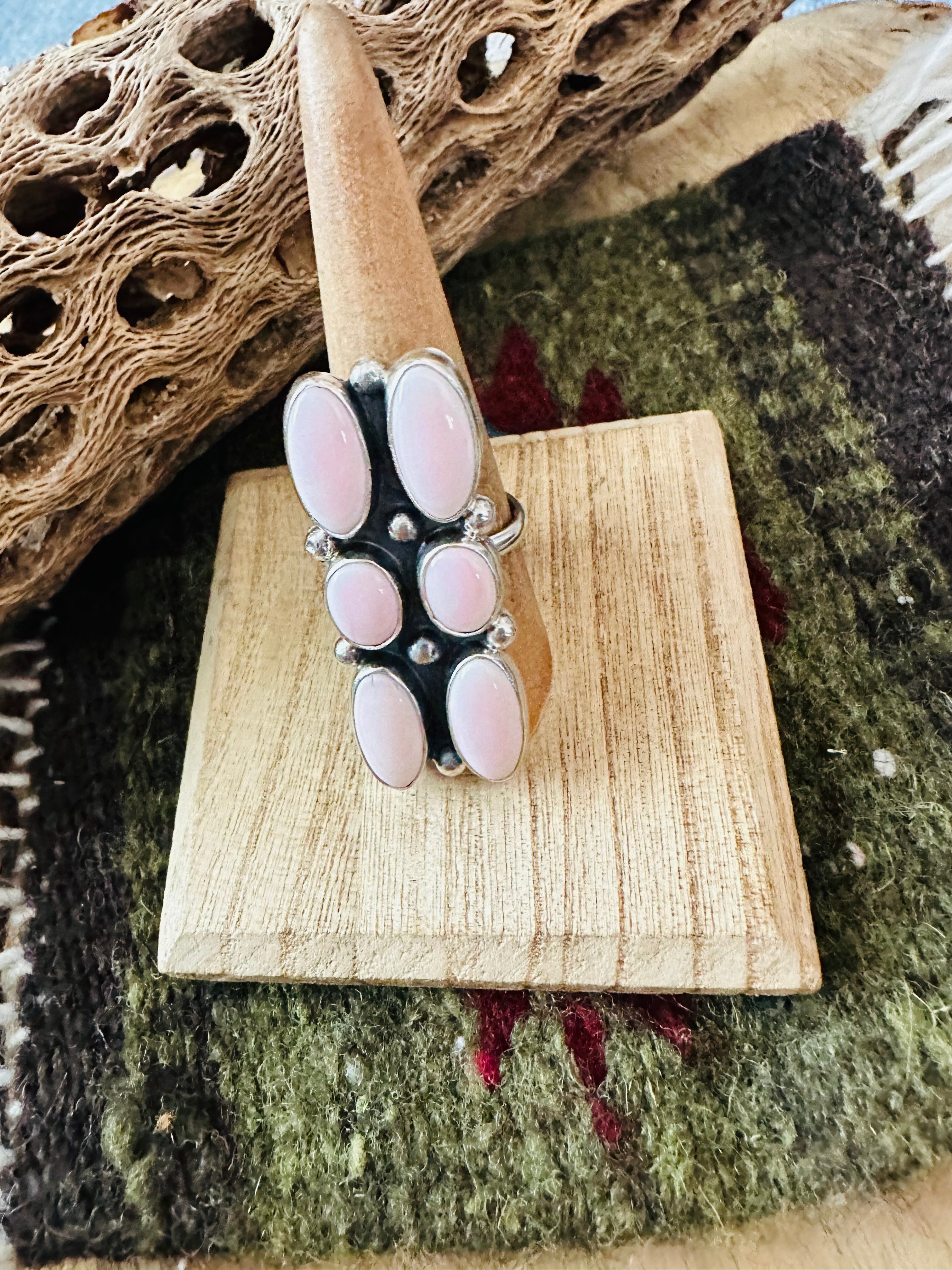 Navajo Sterling Silver and Queen Pink Conch Shell Adjustable Ring