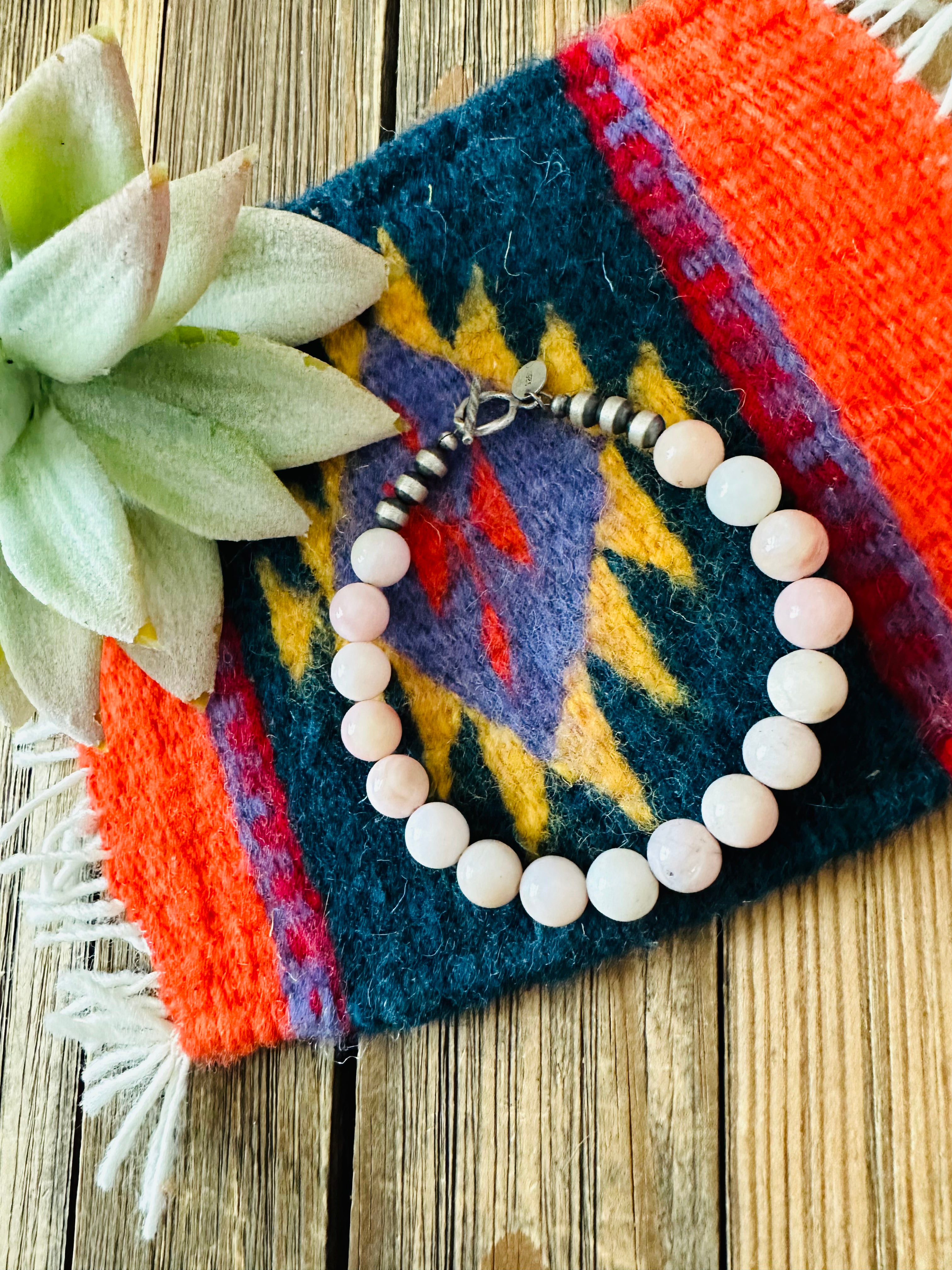 Navajo Queen Pink Conch Shell & Sterling Silver Beaded Bracelet