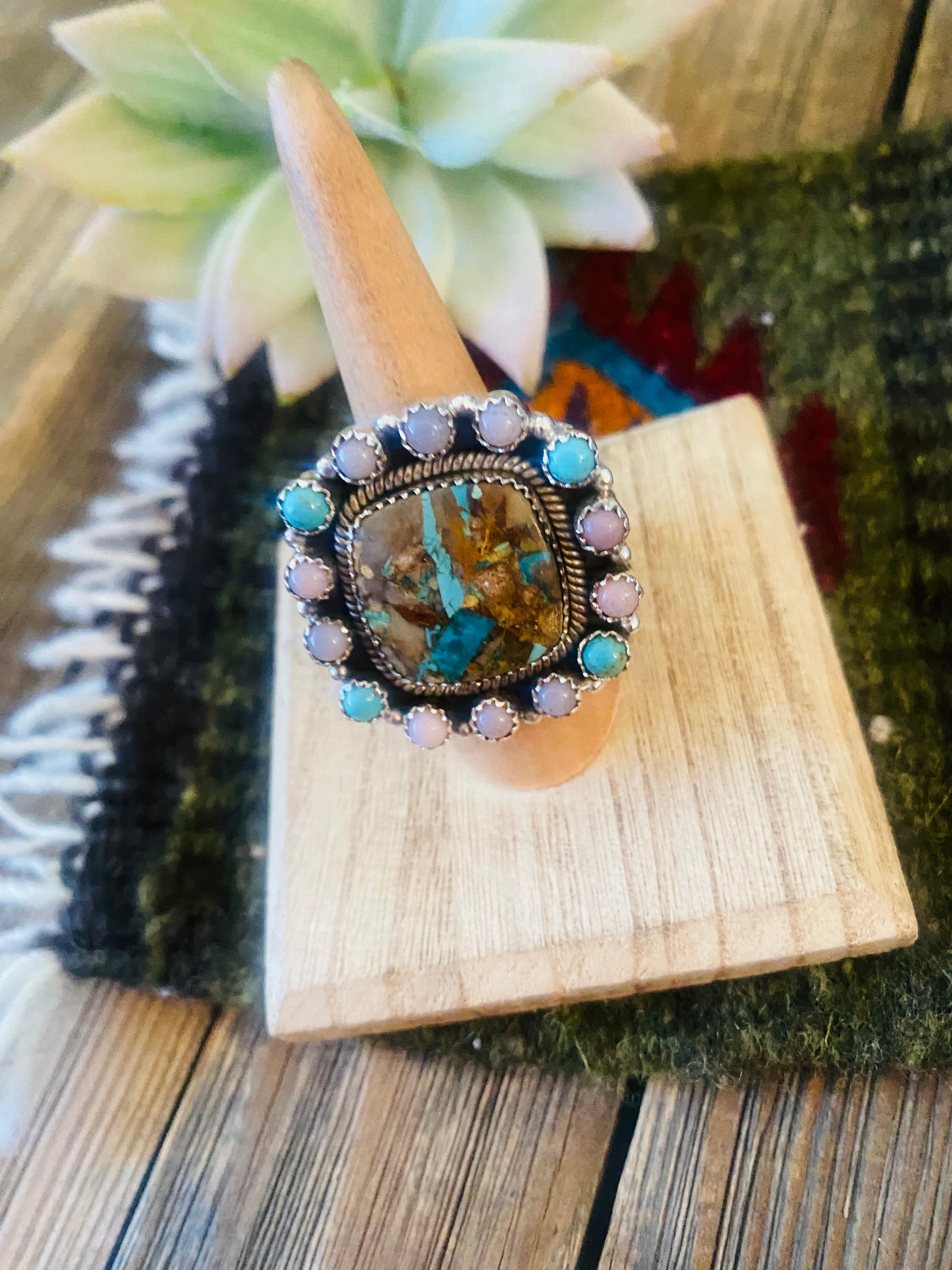 Handmade Sterling Silver, Turquoise & Mother of Pearl Cluster Adjustable Ring