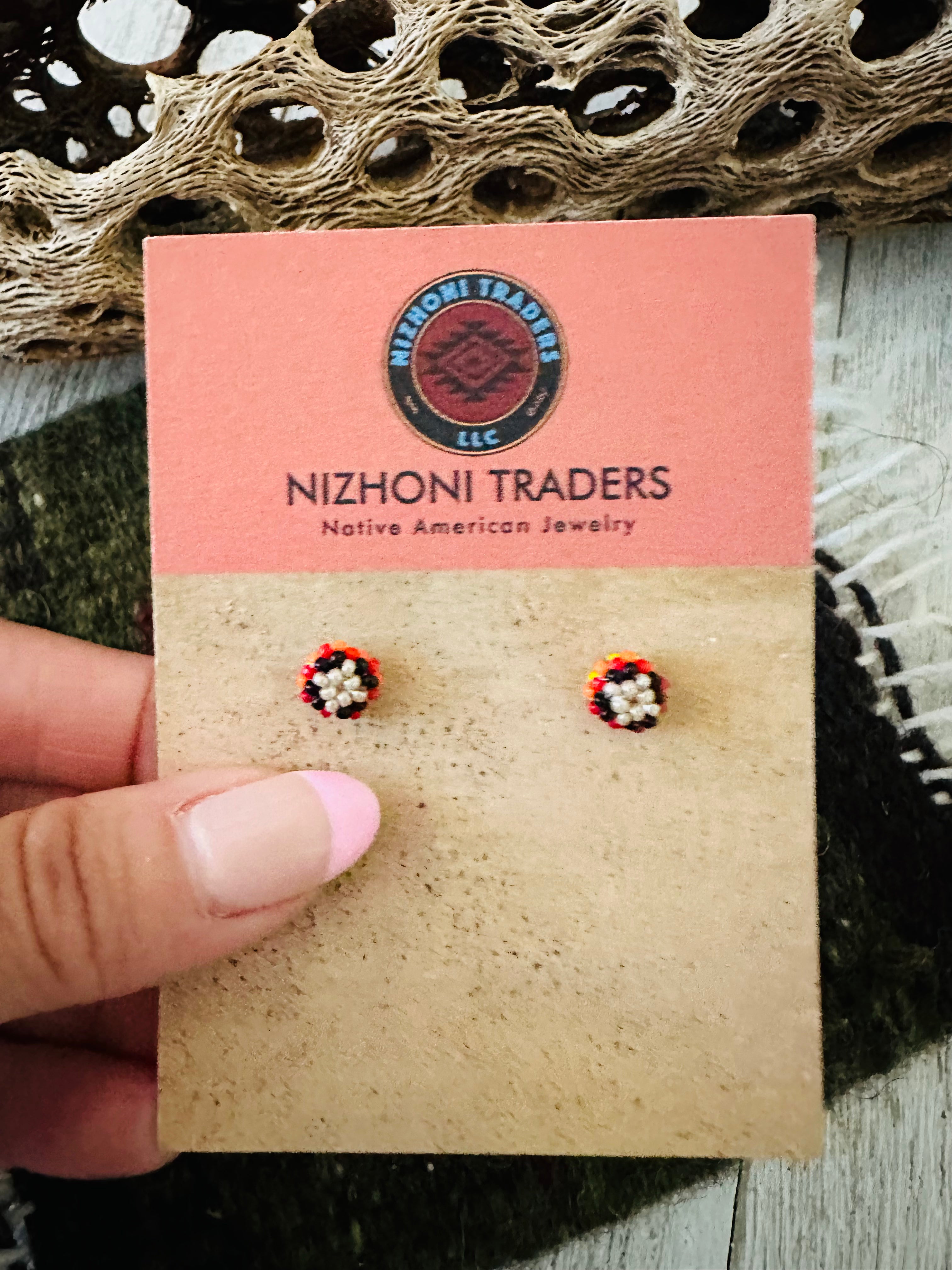 Navajo Handmade Beaded Stud Earrings-gray