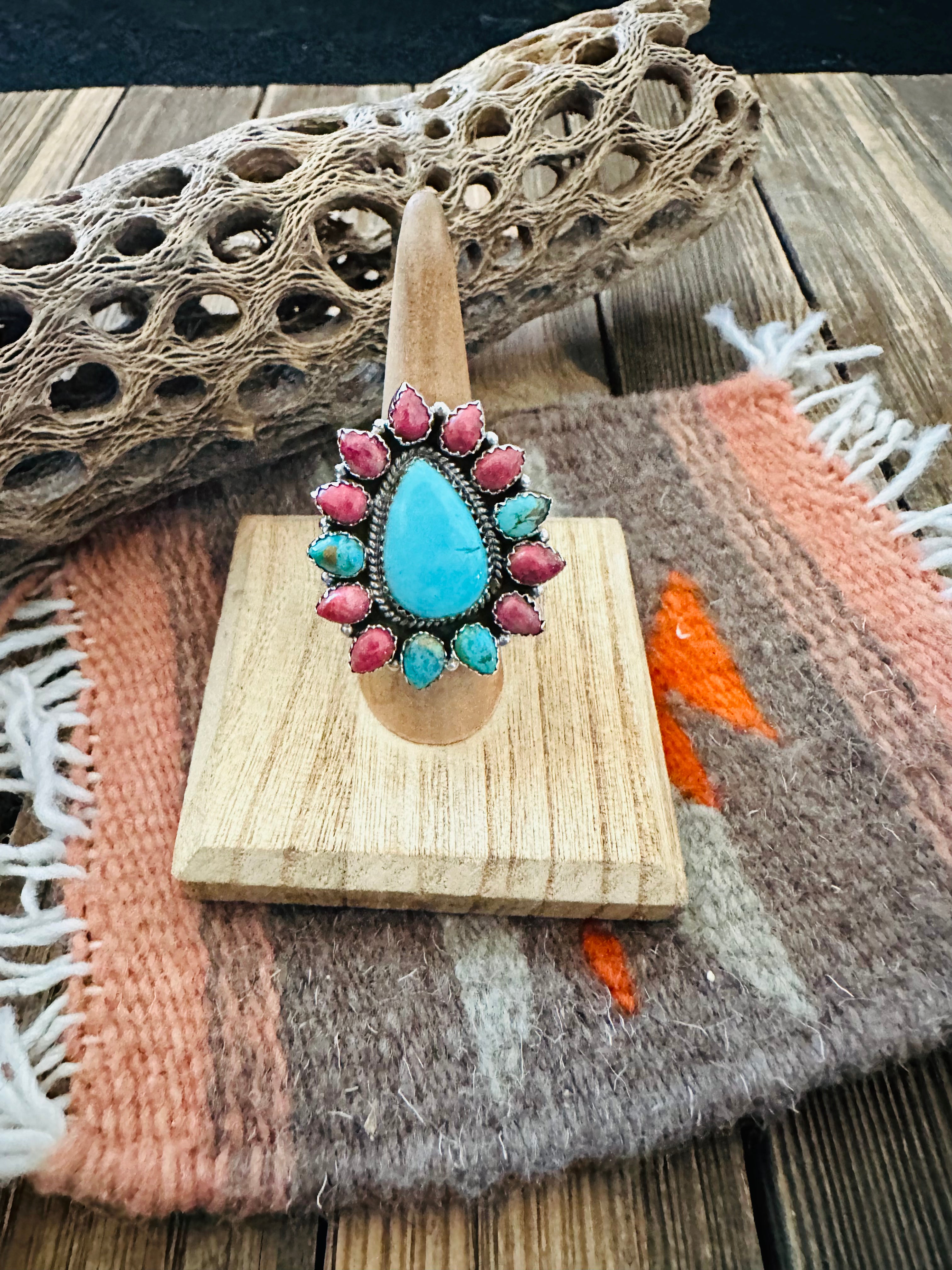 Handmade Sterling Silver, Turquoise & Rhodonite Cluster Adjustable Ring