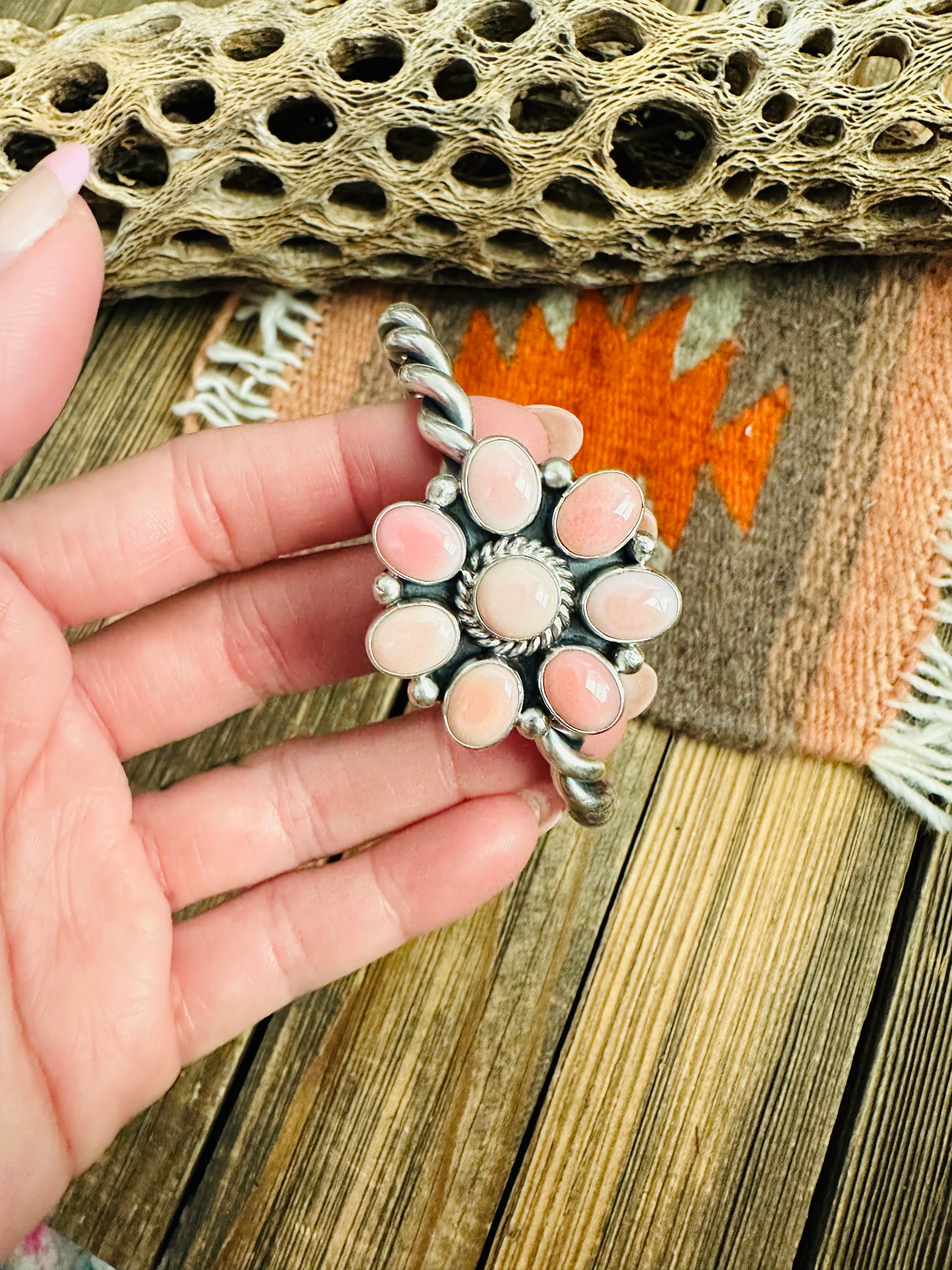 Navajo Queen Pink Conch Shell & Sterling Silver Cluster Cuff Bracelet