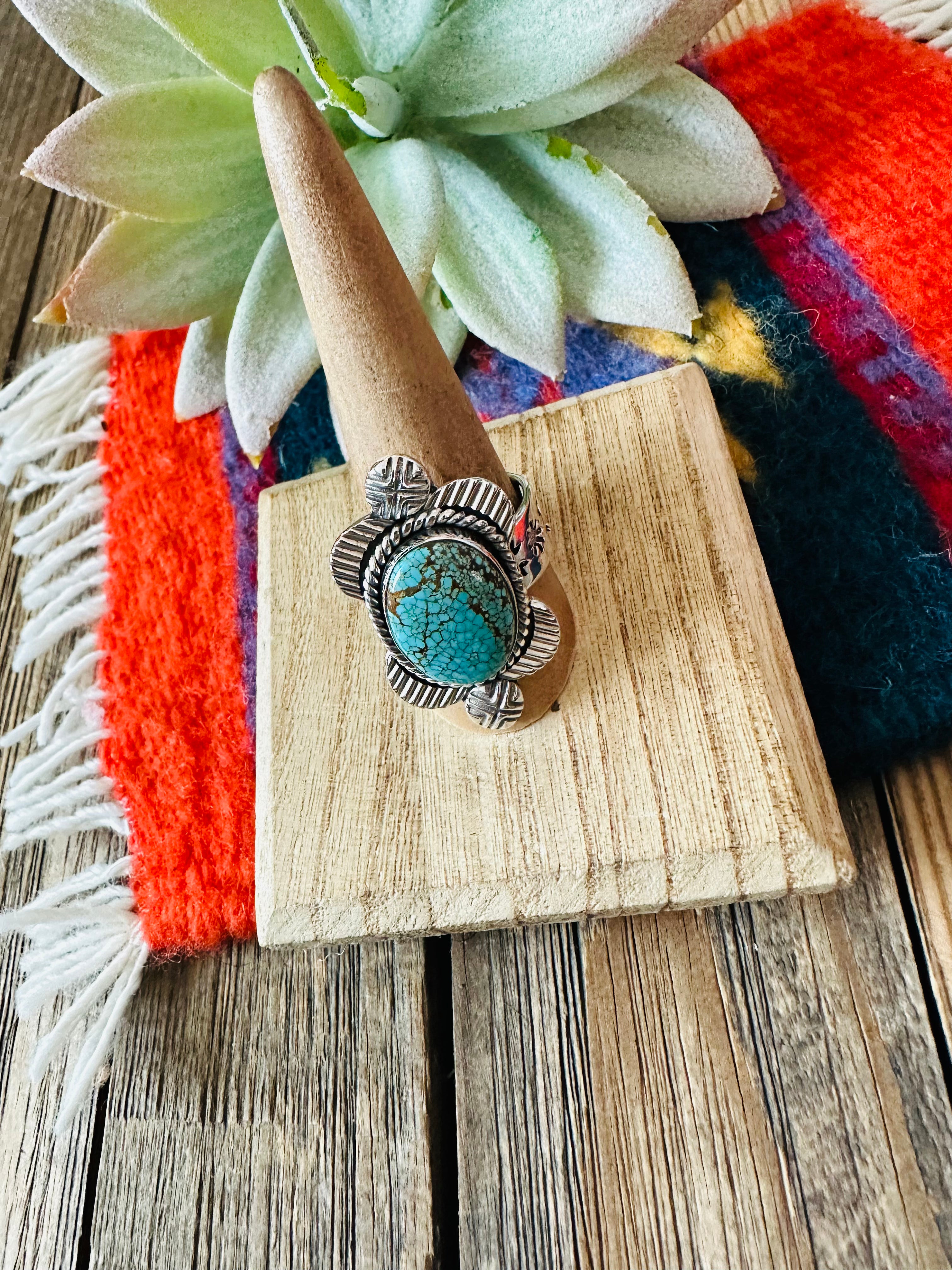 Handmade Sterling Silver & Number 8 Turquoise Adjustable Ring