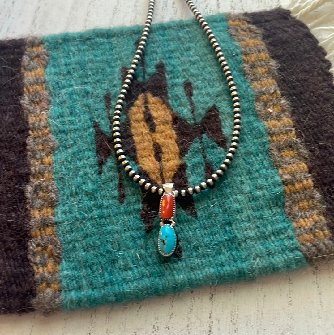 Navajo Sterling Silver, Coral & Turquoise 2 Stone Pendant