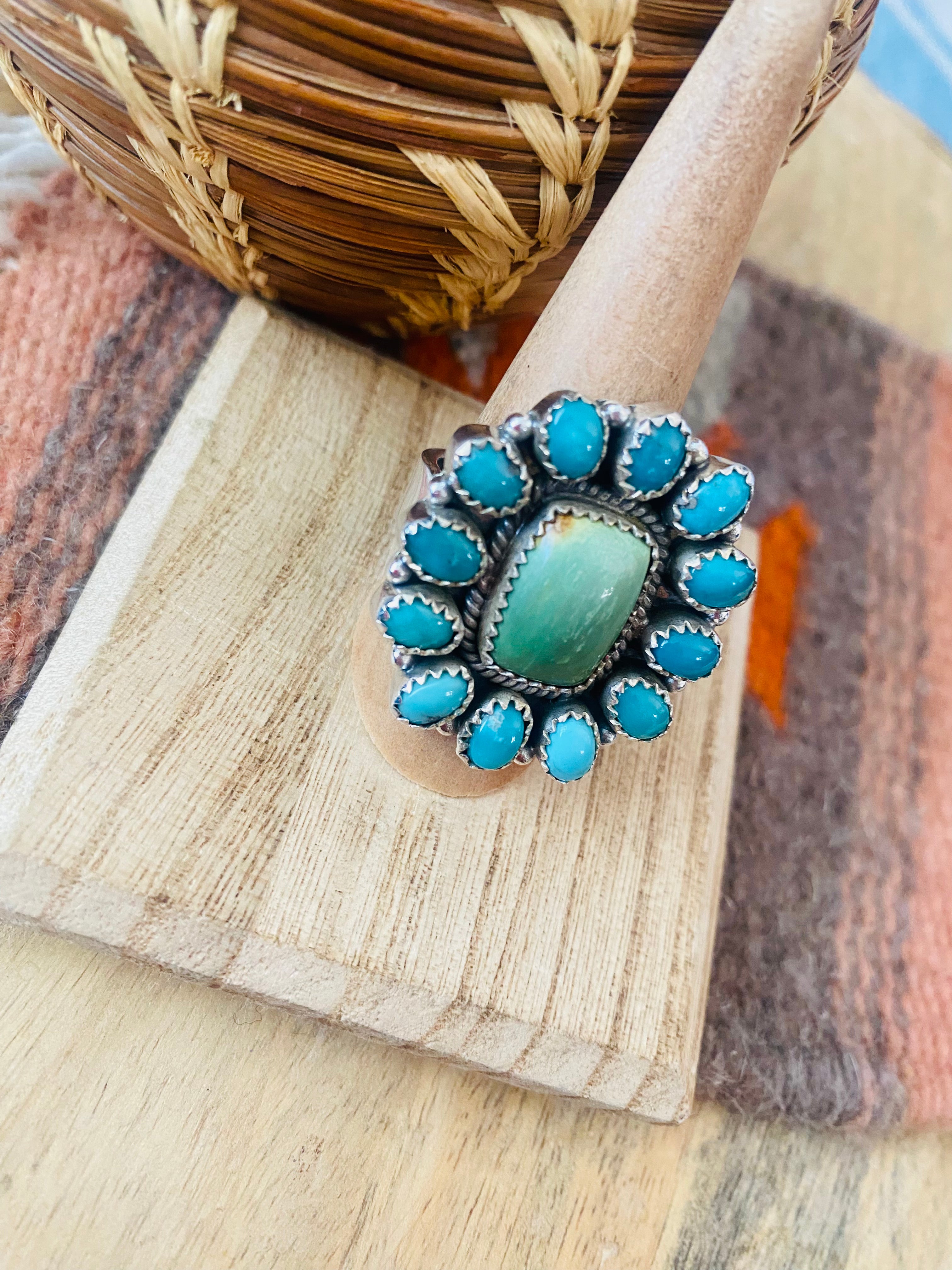 Handmade Sterling Silver, Variscite & Turquoise Cluster Adjustable Ring