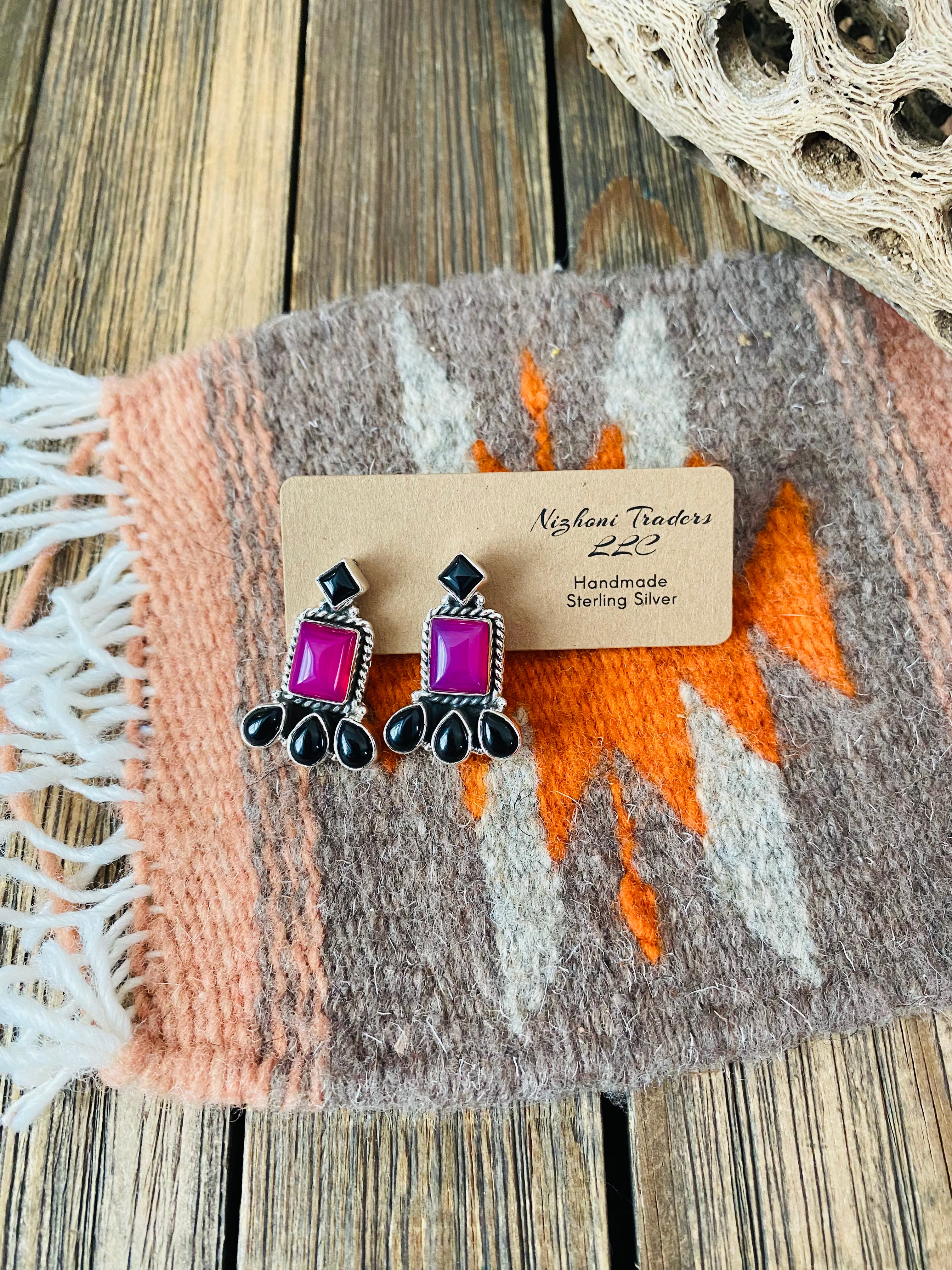 Handmade Pink & Black Onyx Sterling Silver Post Earrings Signed Nizhoni