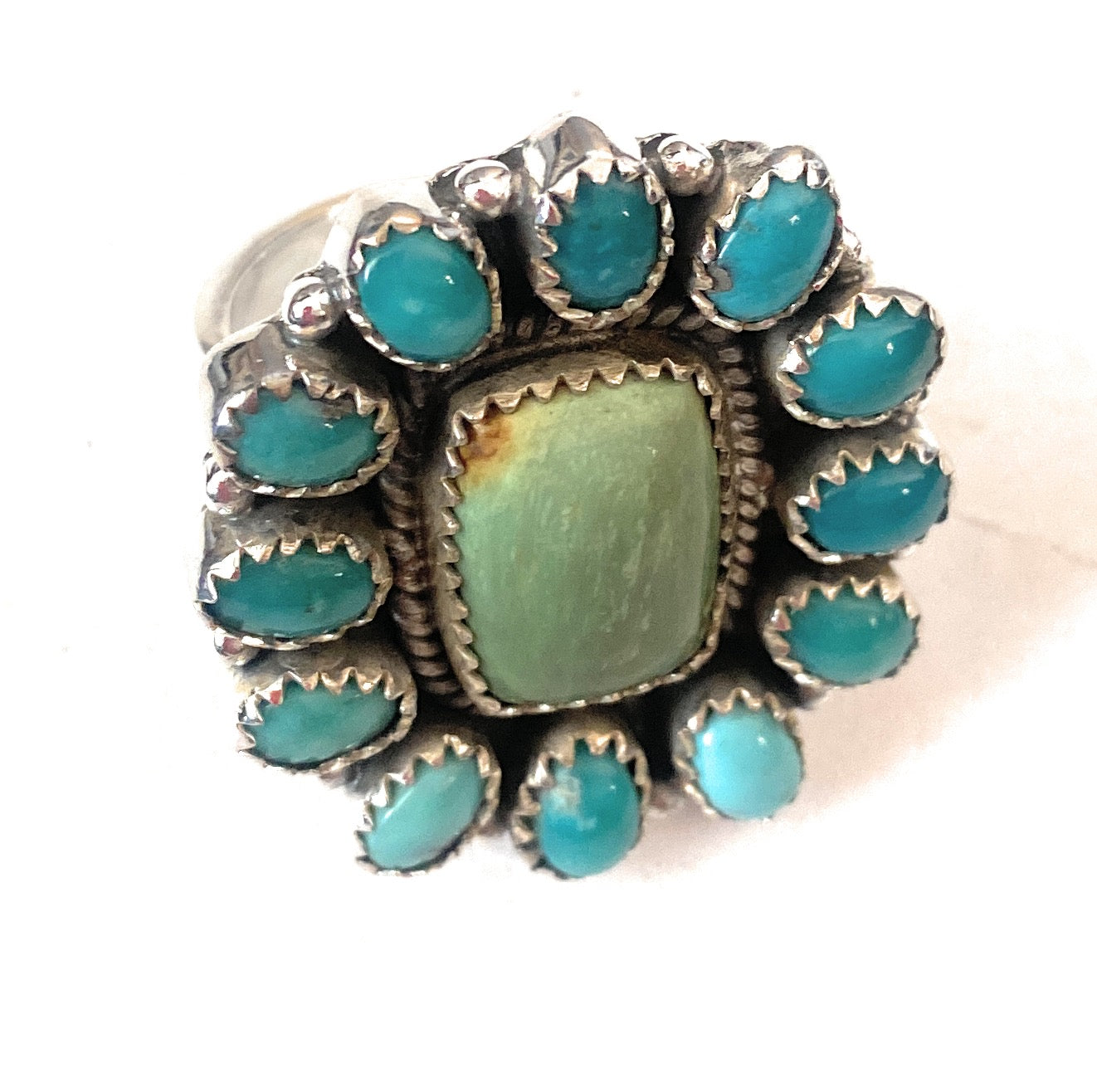 Handmade Sterling Silver, Variscite & Turquoise Cluster Adjustable Ring