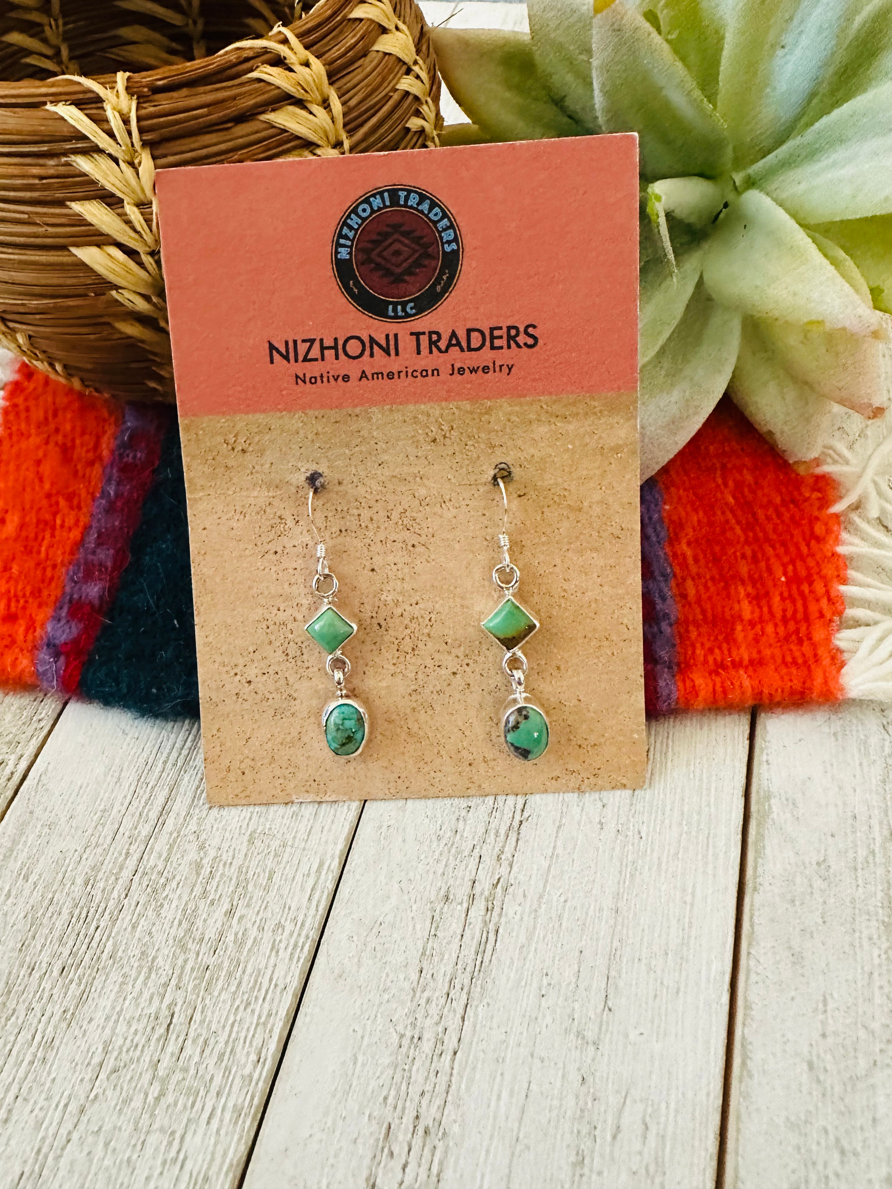 Navajo Turquoise & Sterling Silver Two Stone Dangle Earrings