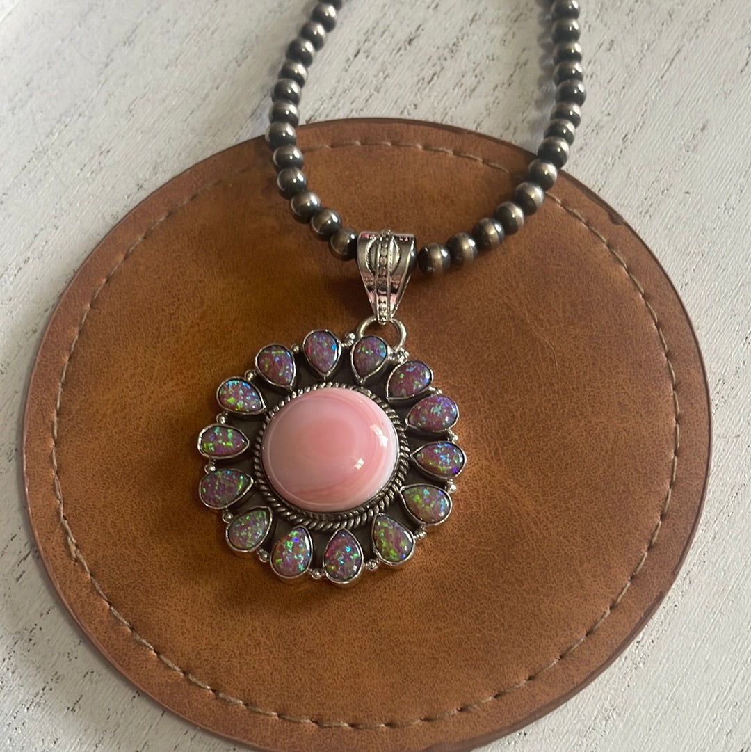 Handmade Pink Conch, Purple Fire Opal & Sterling Silver Circle Flower Pendant