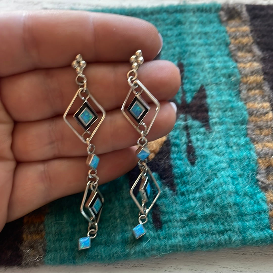 Zuni Sterling Silver & Blue Fire Opal Inlay Dangle Earrings