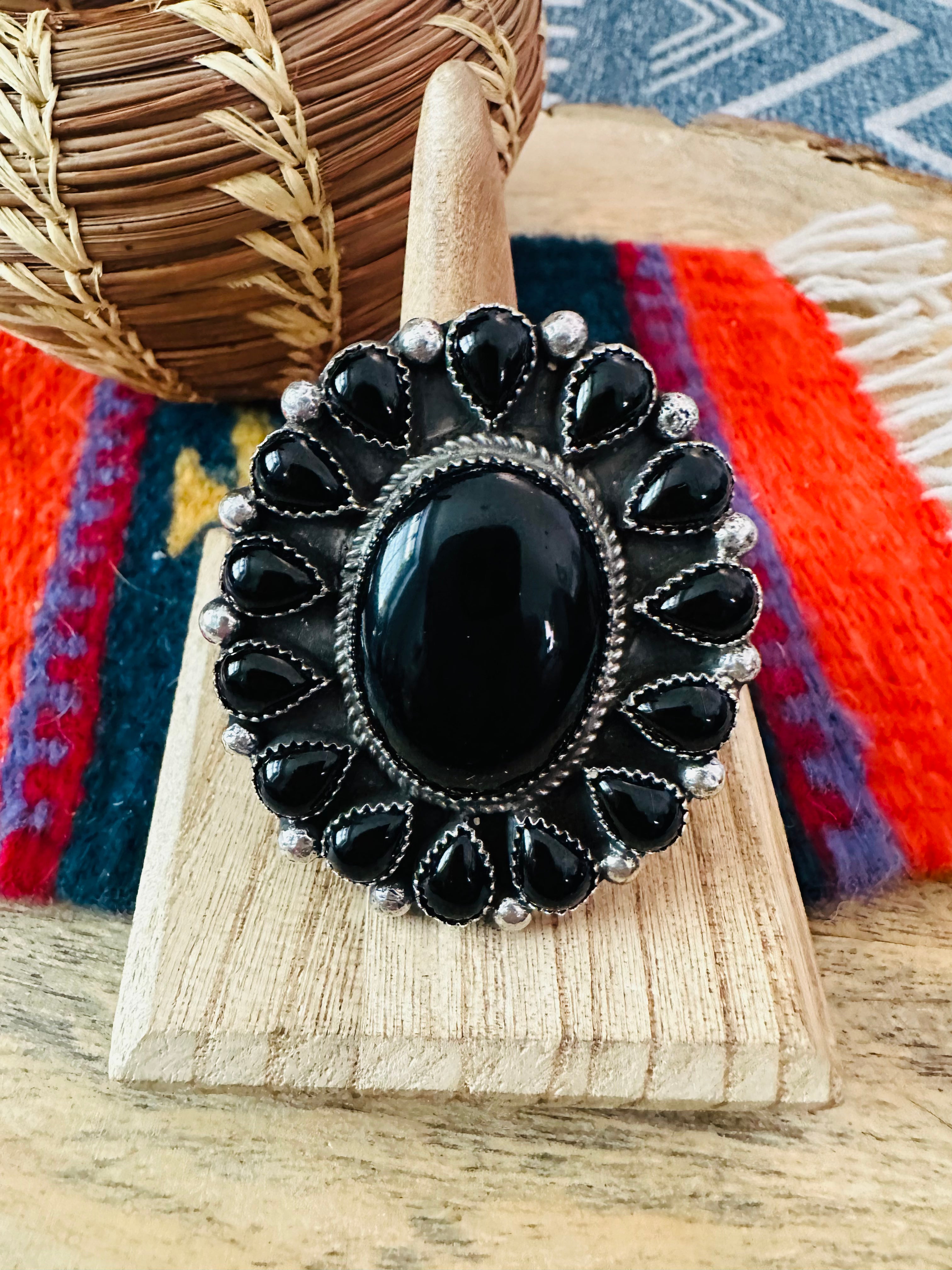 Navajo Sterling Silver & Black Onyx Cluster Adjustable Ring