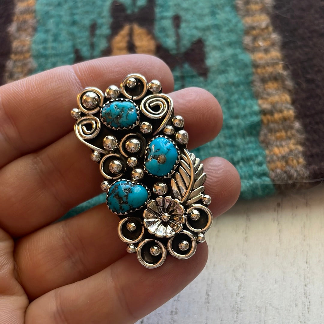 Navajo Sterling Silver & Turquoise Flower Ring Size 11