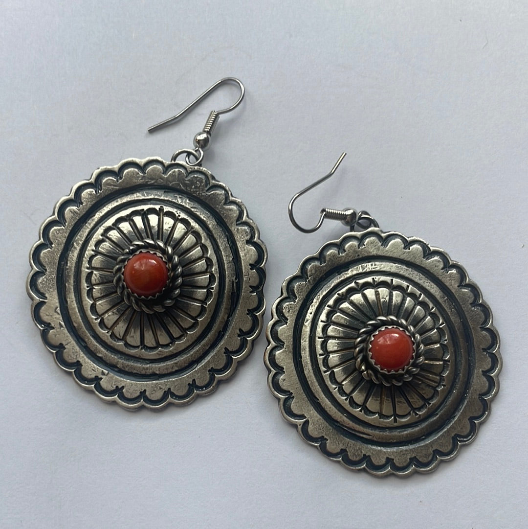 Beautiful Navajo Sterling Silver & Coral Dangle Earrings Signed