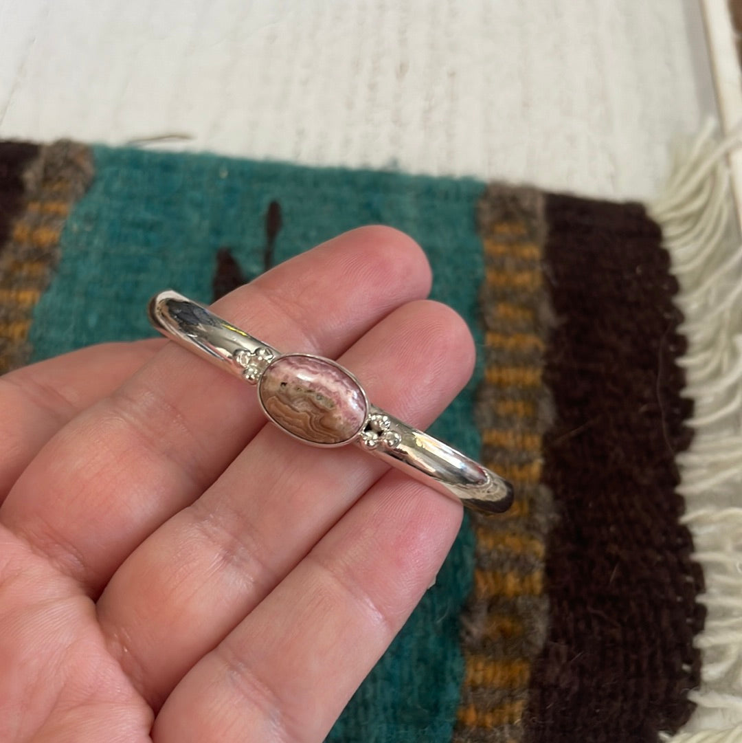 Handcrafted Sterling Silver And Rhodochrosite Adjustable Cuff Bracelet Signed T Skeets