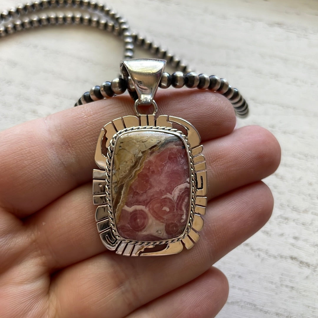 Navajo Sterling Silver & Rhodochrosite Pendant Signed