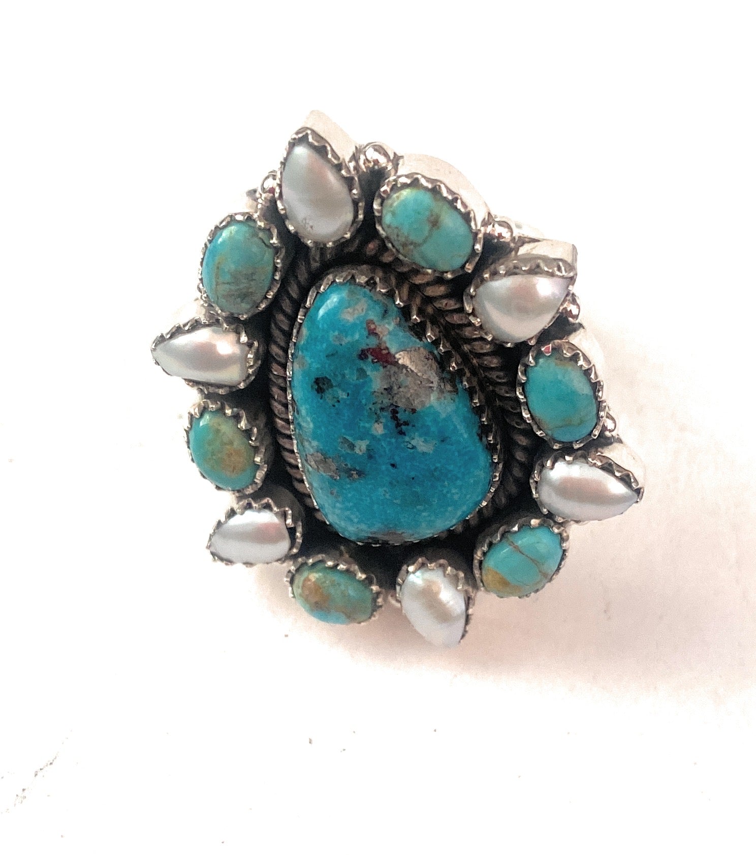 Handmade Sterling Silver, Turquoise & Pearl Adjustable Ring