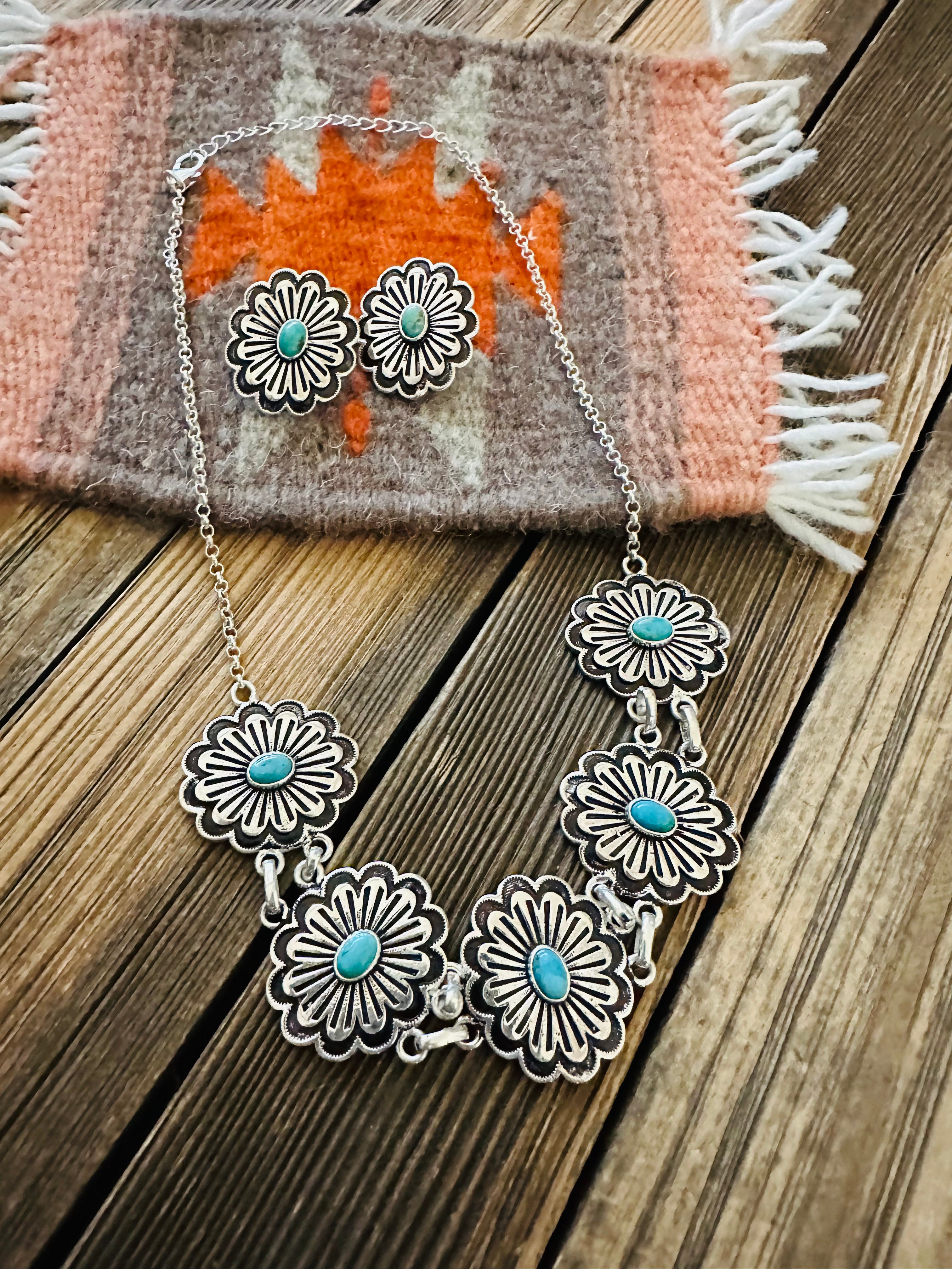 Handmade Sterling Silver & Turquoise Flower Necklace Set