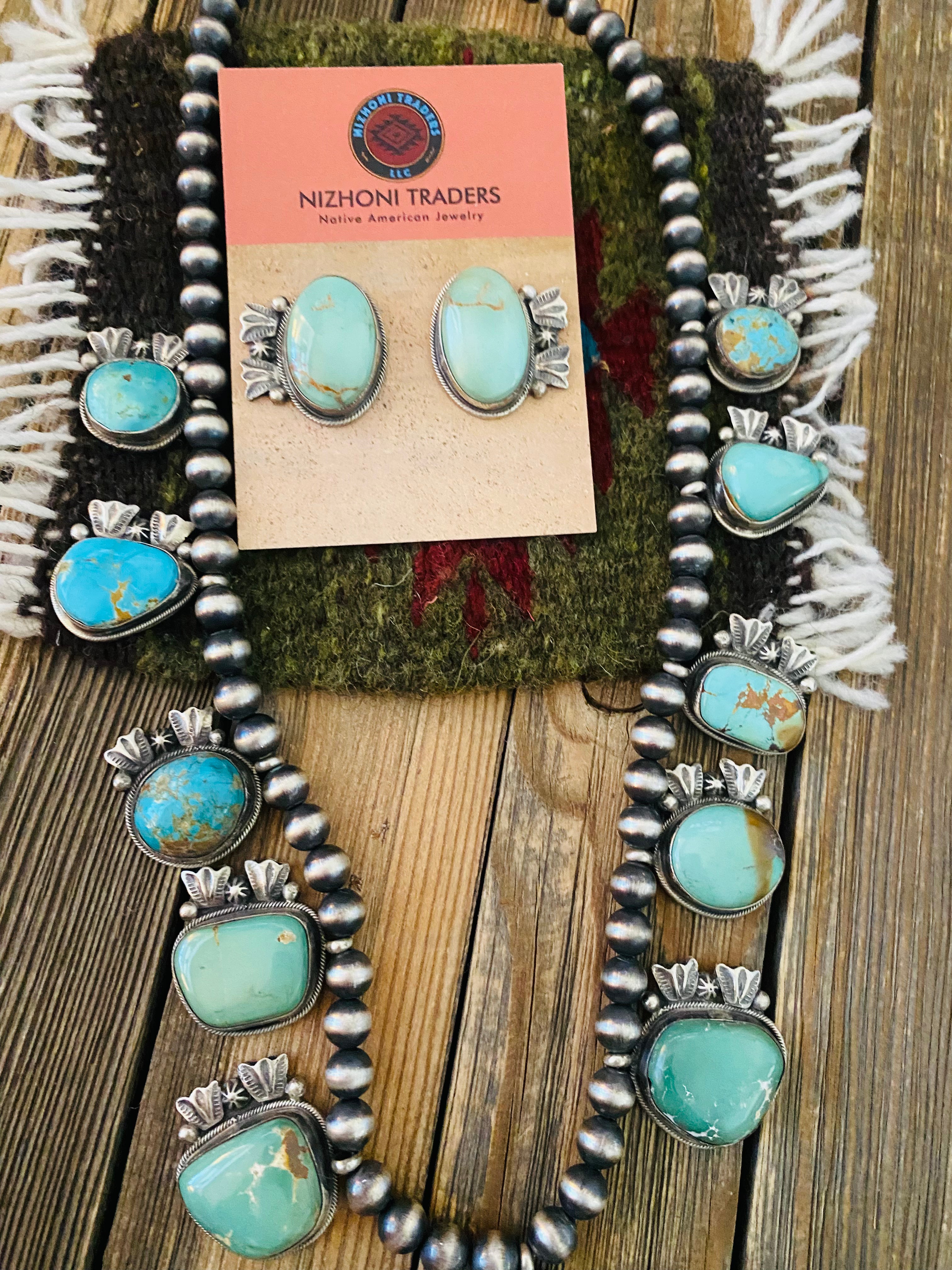 Navajo Sterling Silver & Royston Turquoise Beaded Necklace Set