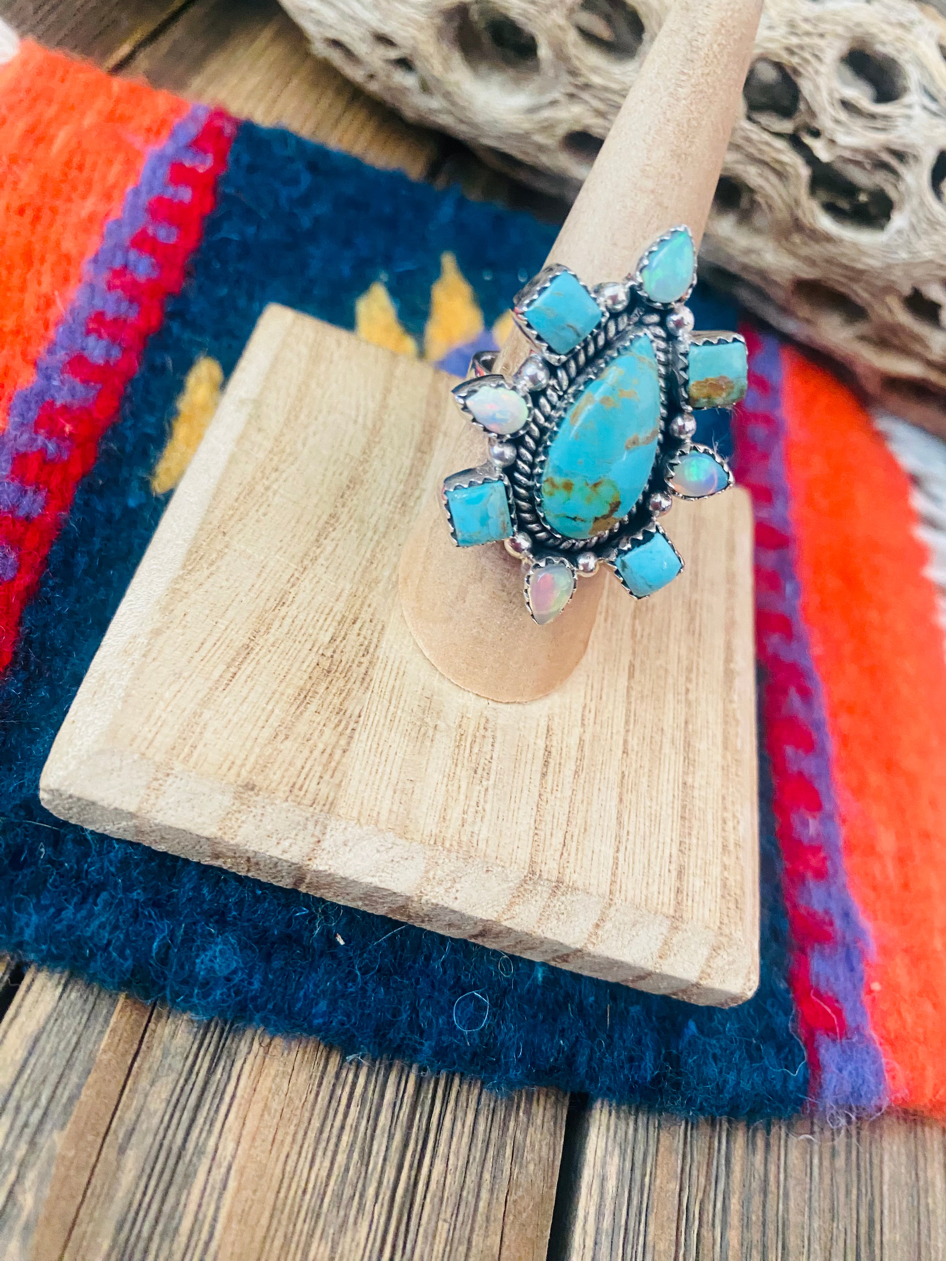 Handmade Sterling Silver, Turquoise & Opal Adjustable Ring