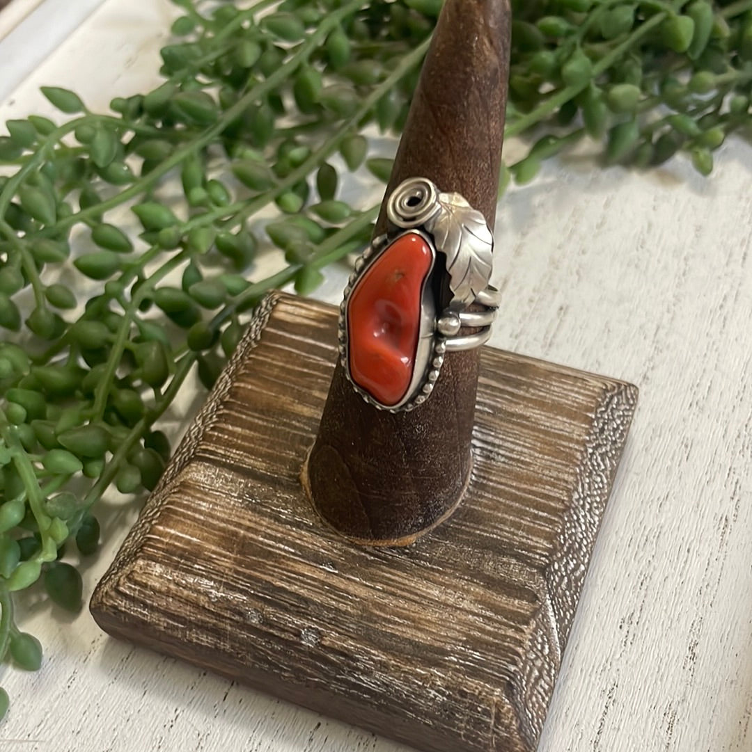 Navajo Coral & Sterling Silver Feather Ring Signed