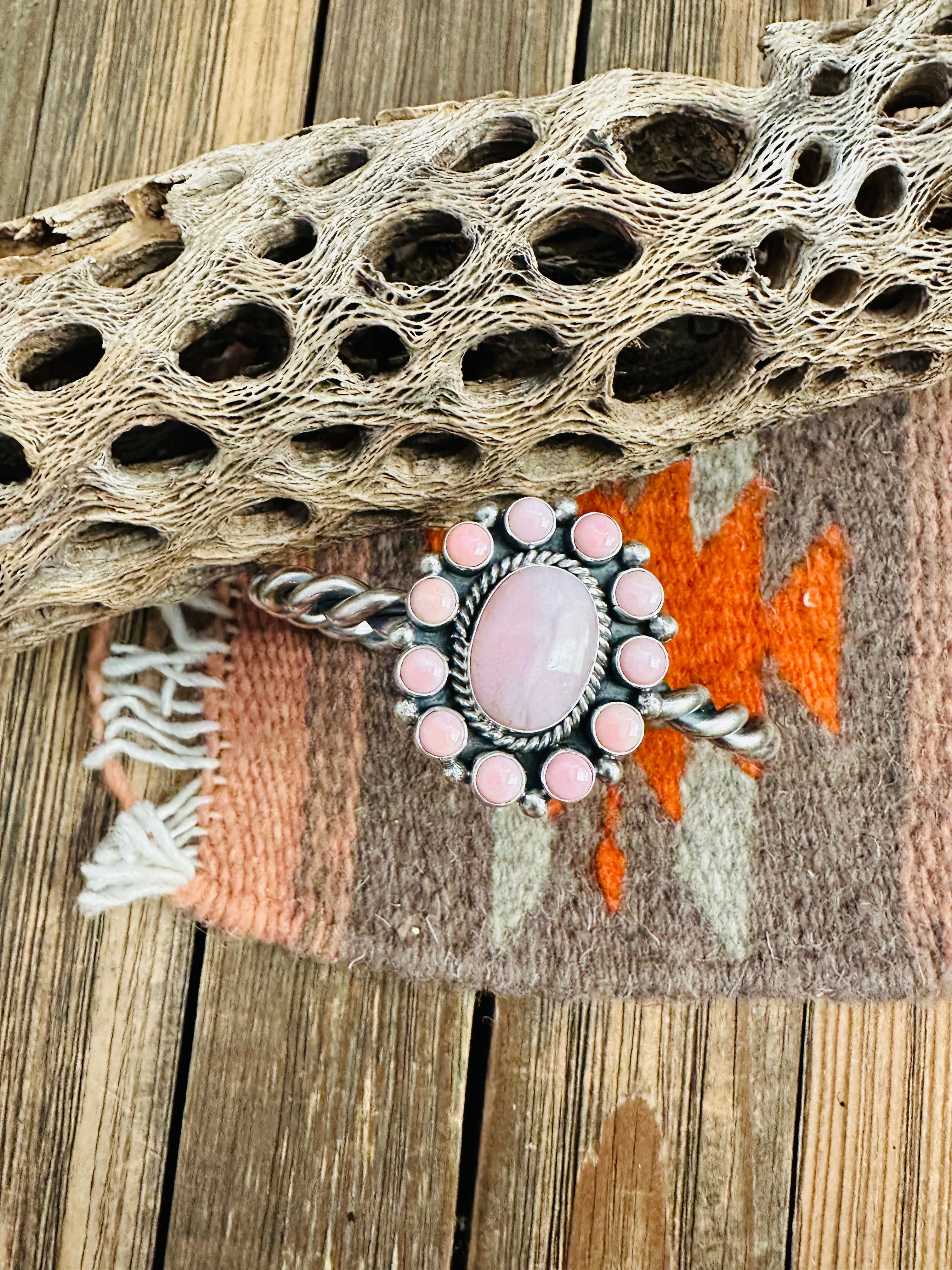 Navajo Queen Pink Conch Shell & Sterling Silver Cluster Cuff Bracelet