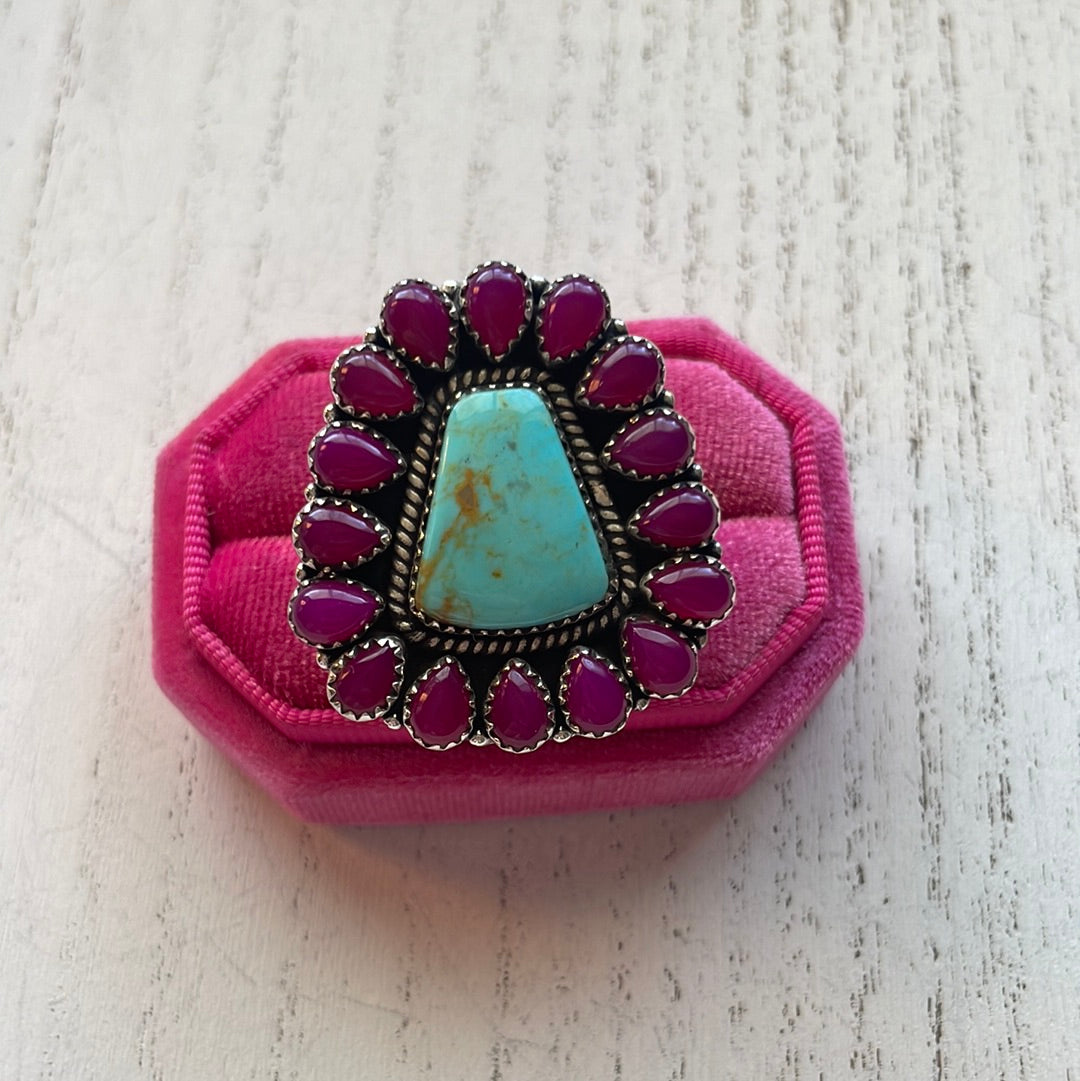 Handmade Pink Onyx & Turquoise Sterling Silver Adjustable Ring Signed Nizhoni