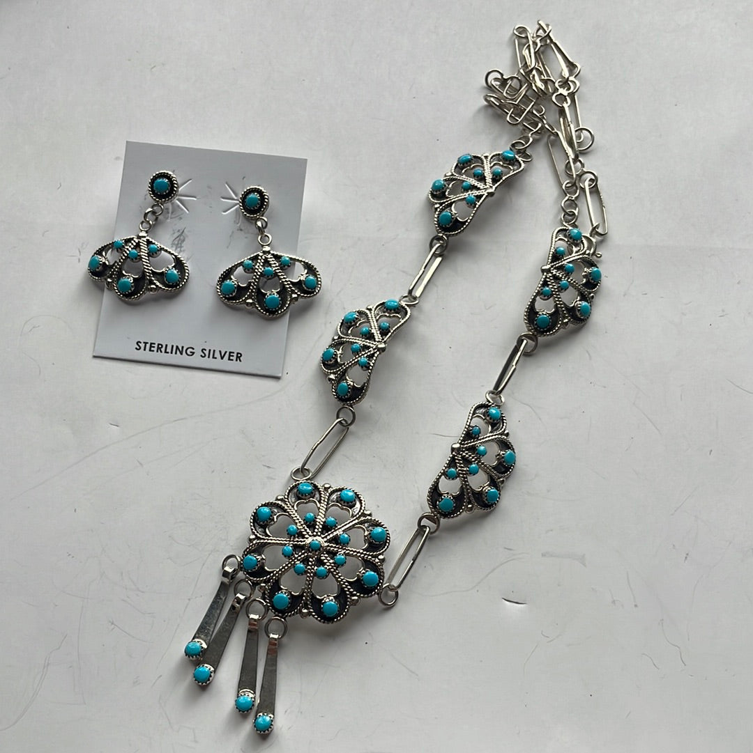 Zuni Sterling Silver & Turquoise Floral Necklace Earrings Set Signed