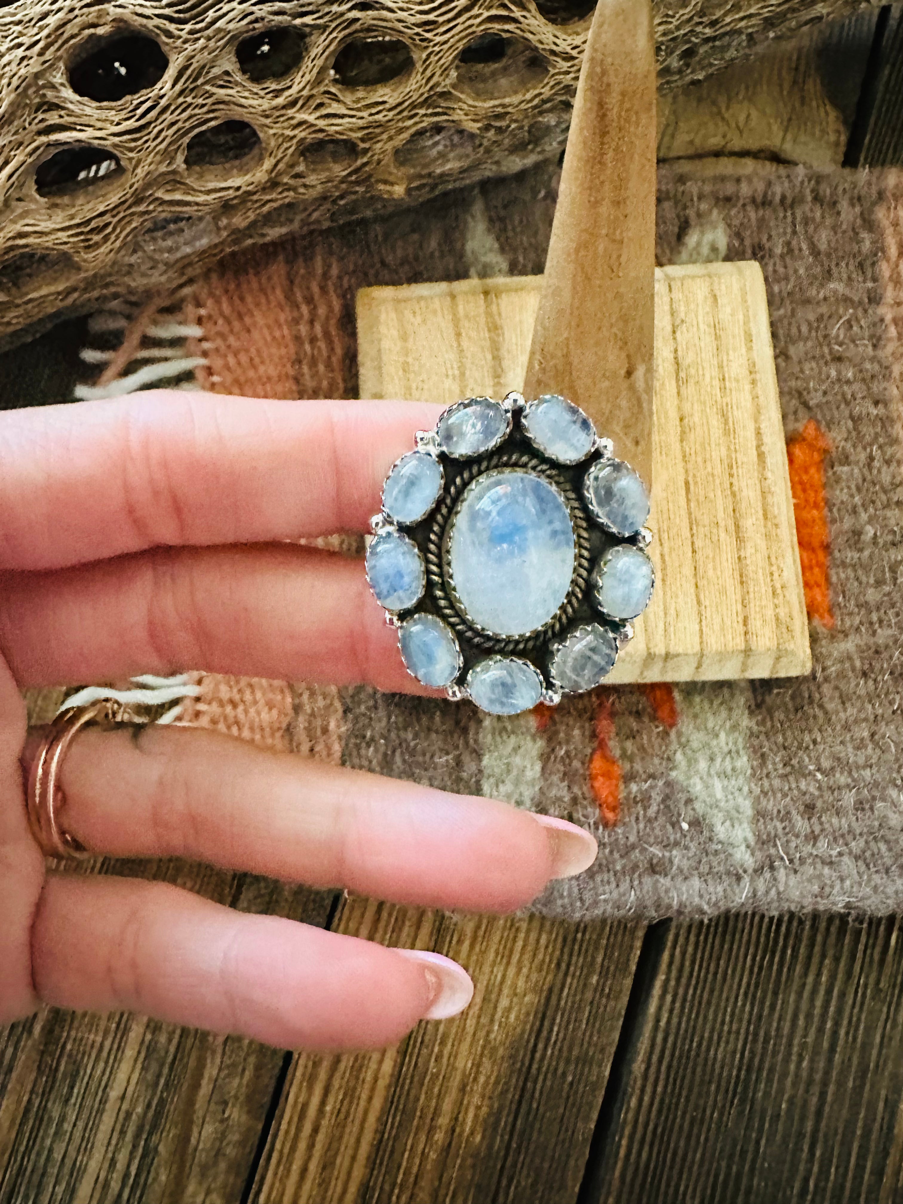 Handmade Sterling Silver & Moon Stone Cluster Adjustable Ring