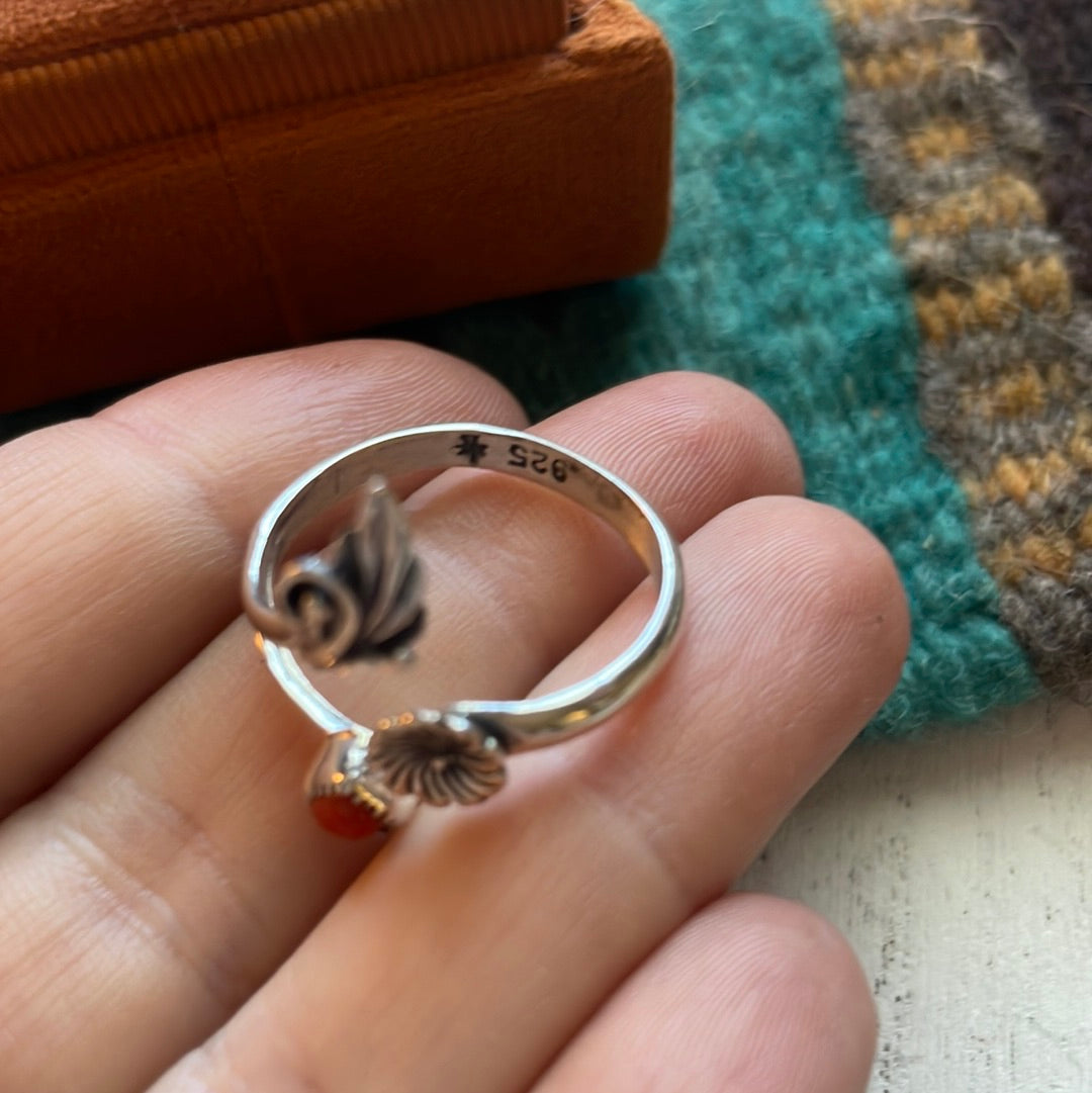 Navajo Coral And Sterling Silver Adjustable Flower Heart Ring