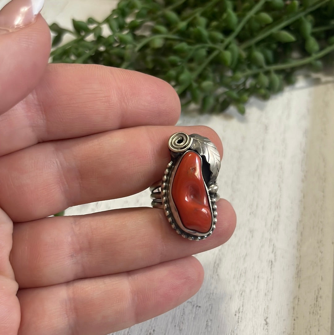 Navajo Coral & Sterling Silver Feather Ring Signed